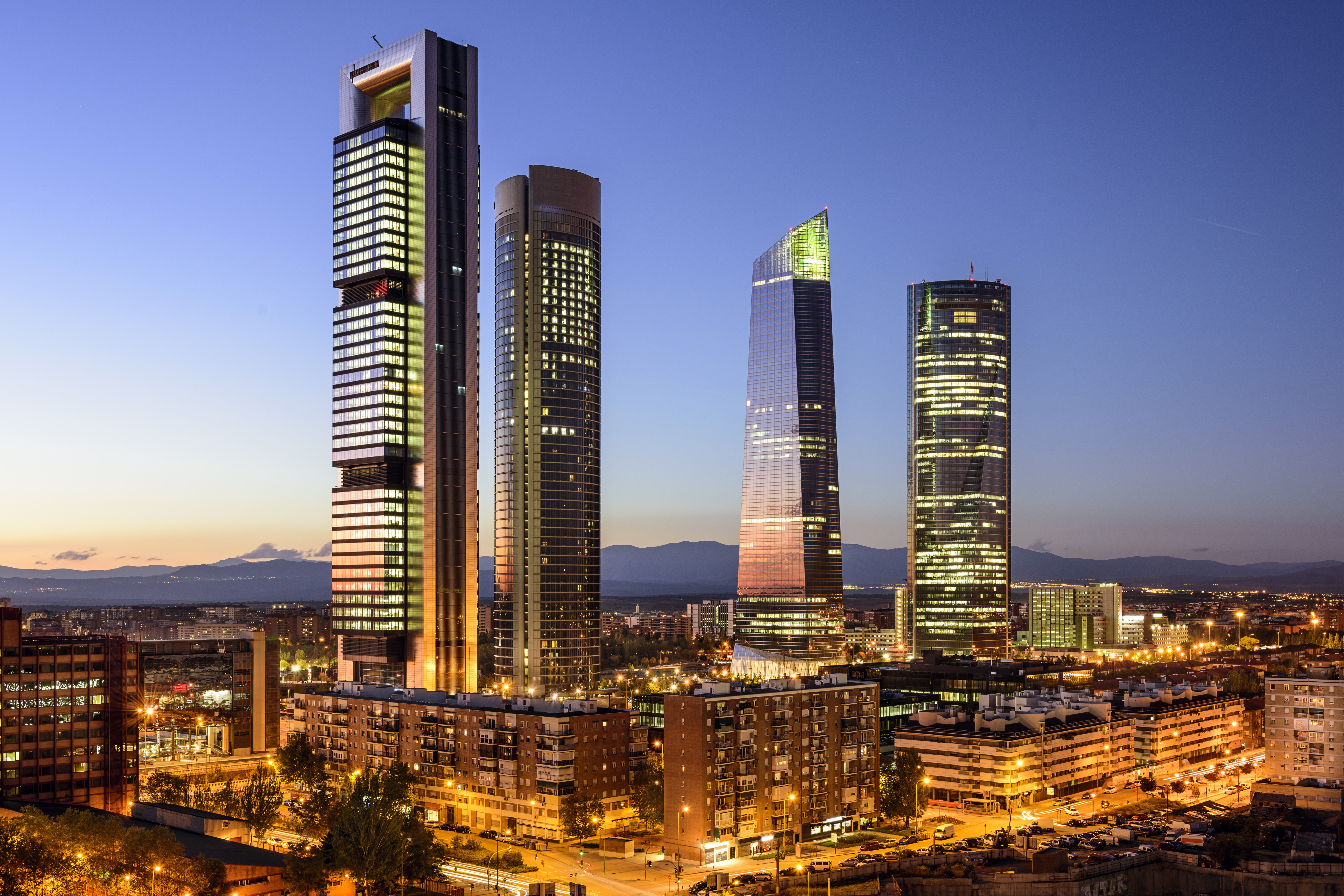 Four Towers of Madrid at Dusk HD Wallpaper
