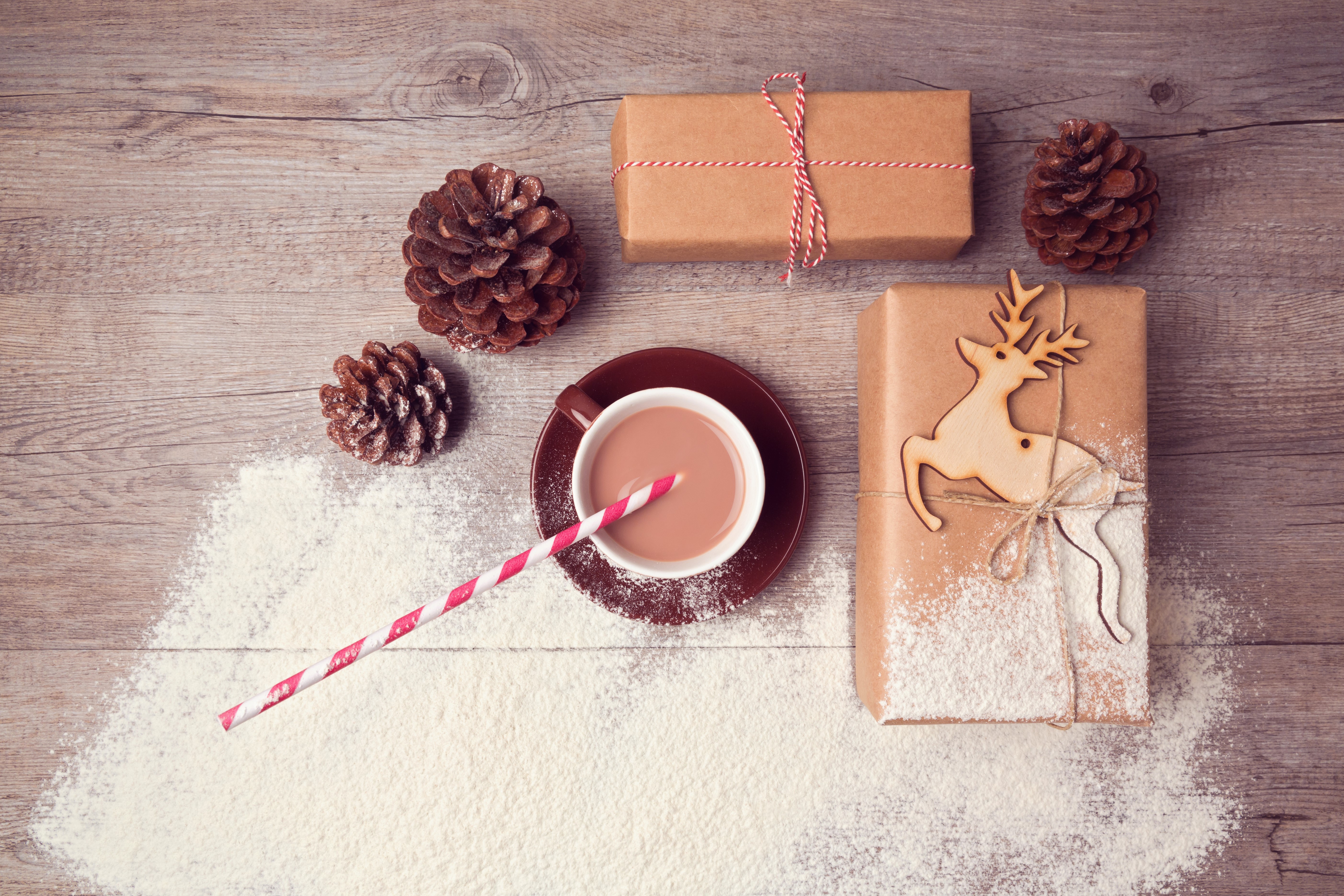 Christmas Gifts, Pine Cones, and Hot Chocolate HD Wallpaper