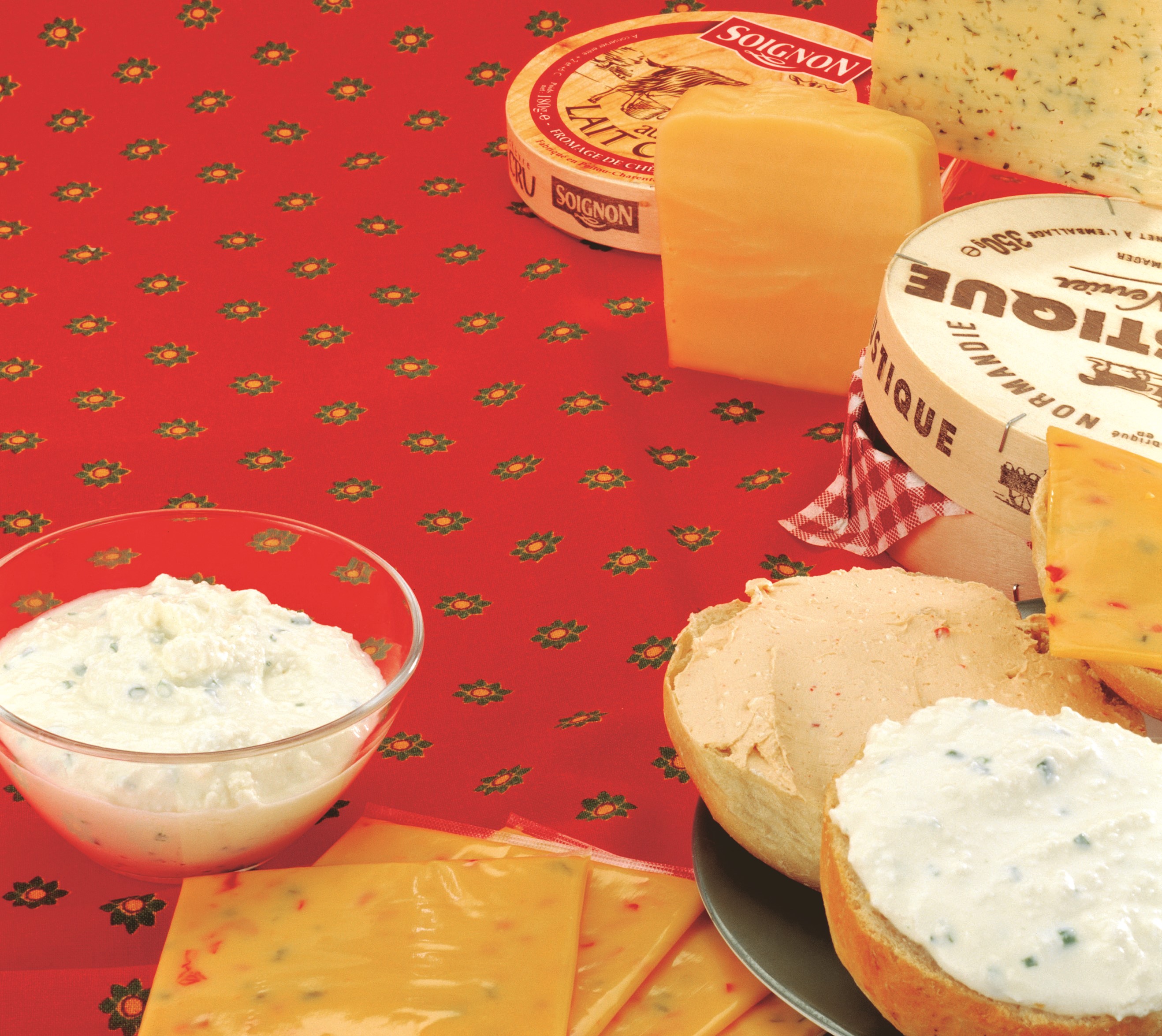 Assortment of cheeses and dips on a red tablecloth HD Wallpaper