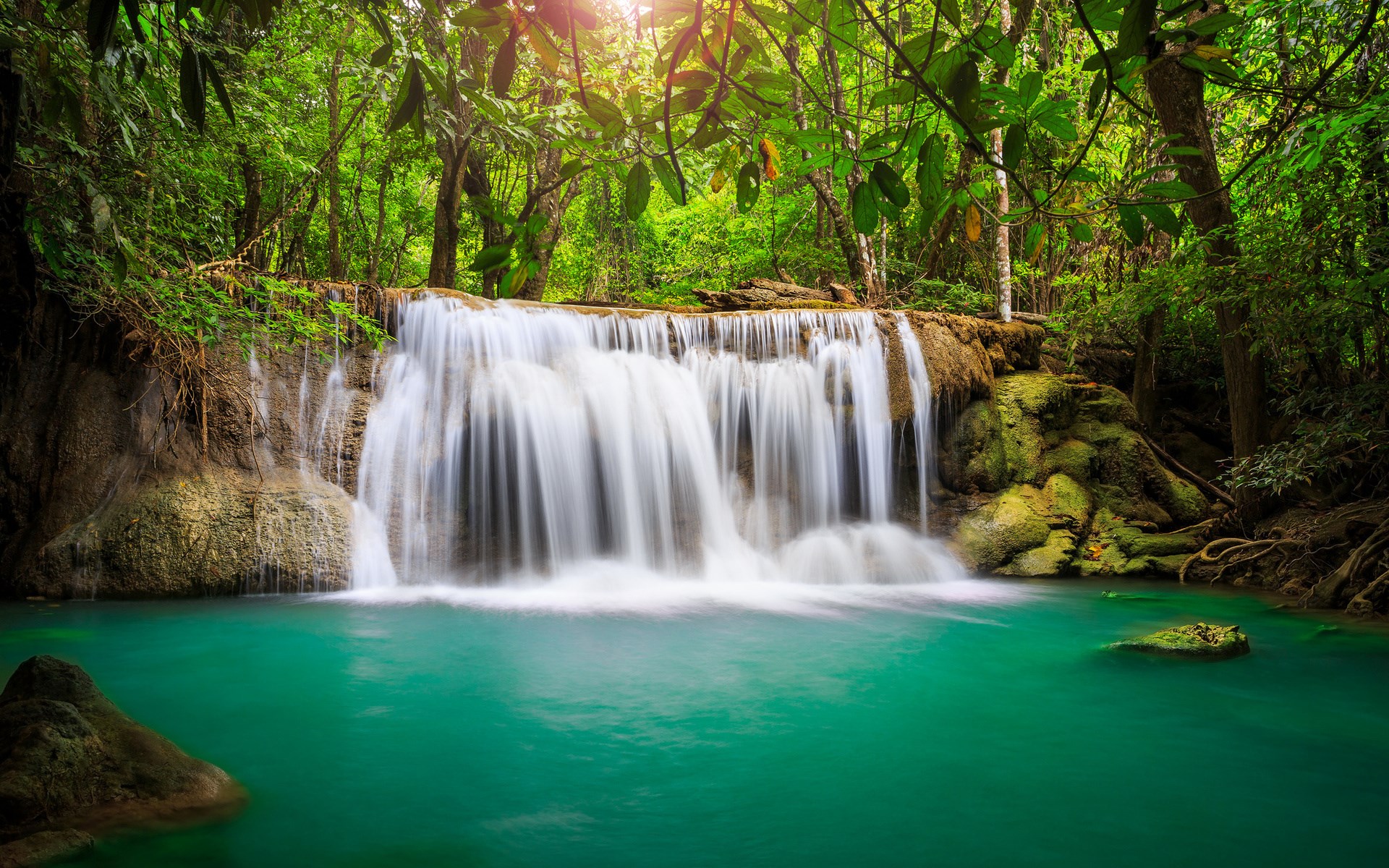 Waterfall in a lush green forest with turquoise water HD Wallpaper