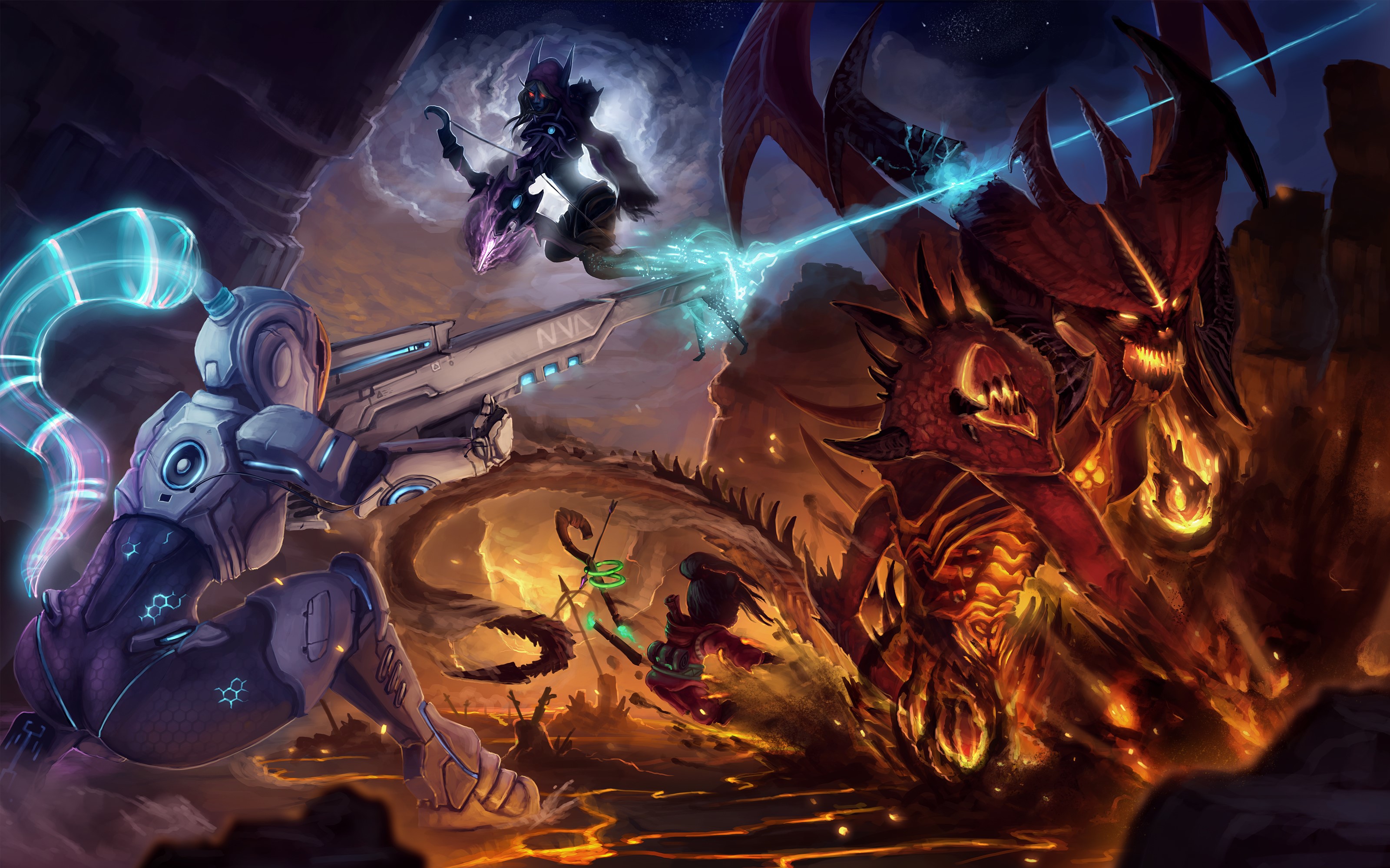 Nova Terra and Sylvanas Windrunner battle a demon HD Wallpaper