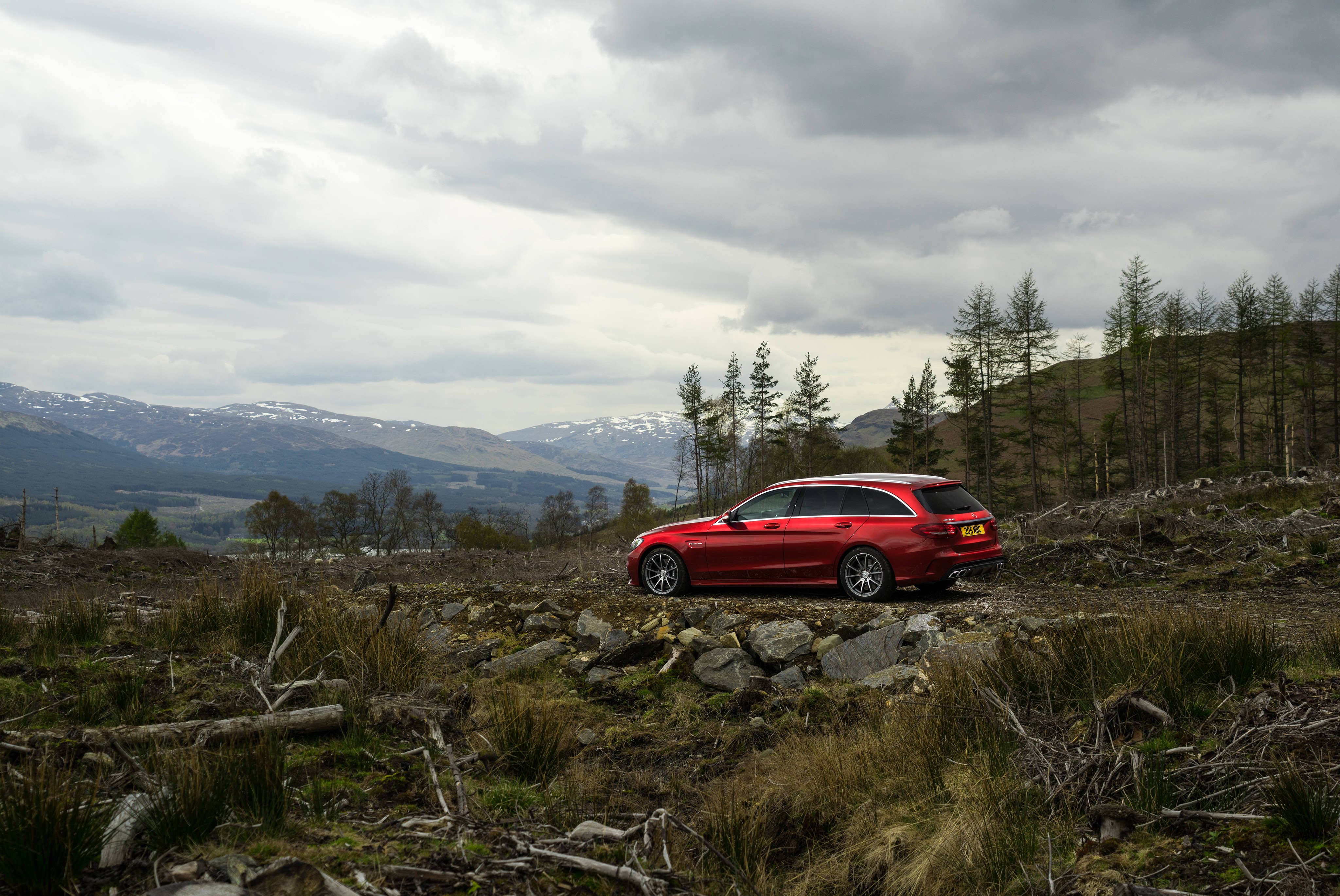 Red Mercedes-Benz AMG C 63 Estate in Scottish Highlands HD Wallpaper