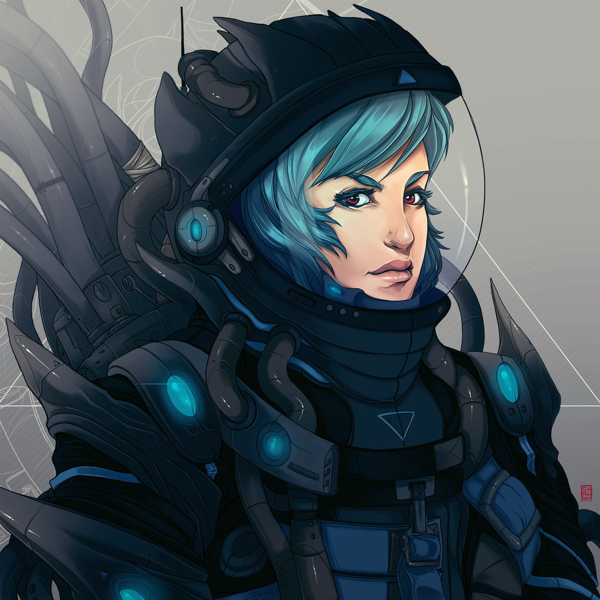 Woman in futuristic space suit with blue hair HD Wallpaper