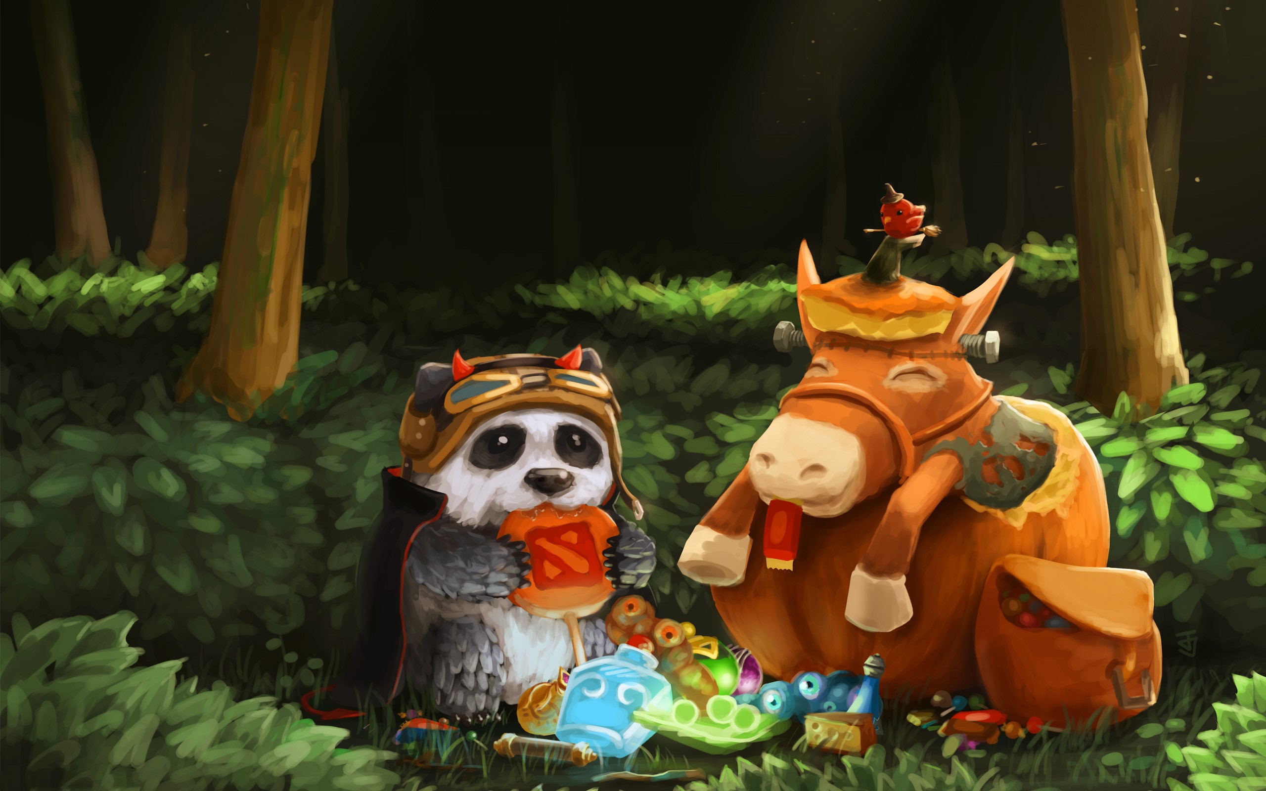 Pandas and Horse Courier in Halloween Costumes HD Wallpaper