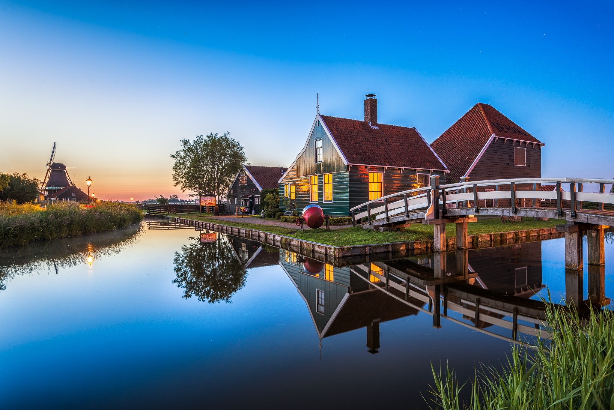 Zaanse Schans Netherlands Evening Houses Bridges Canal HD Wallpaper