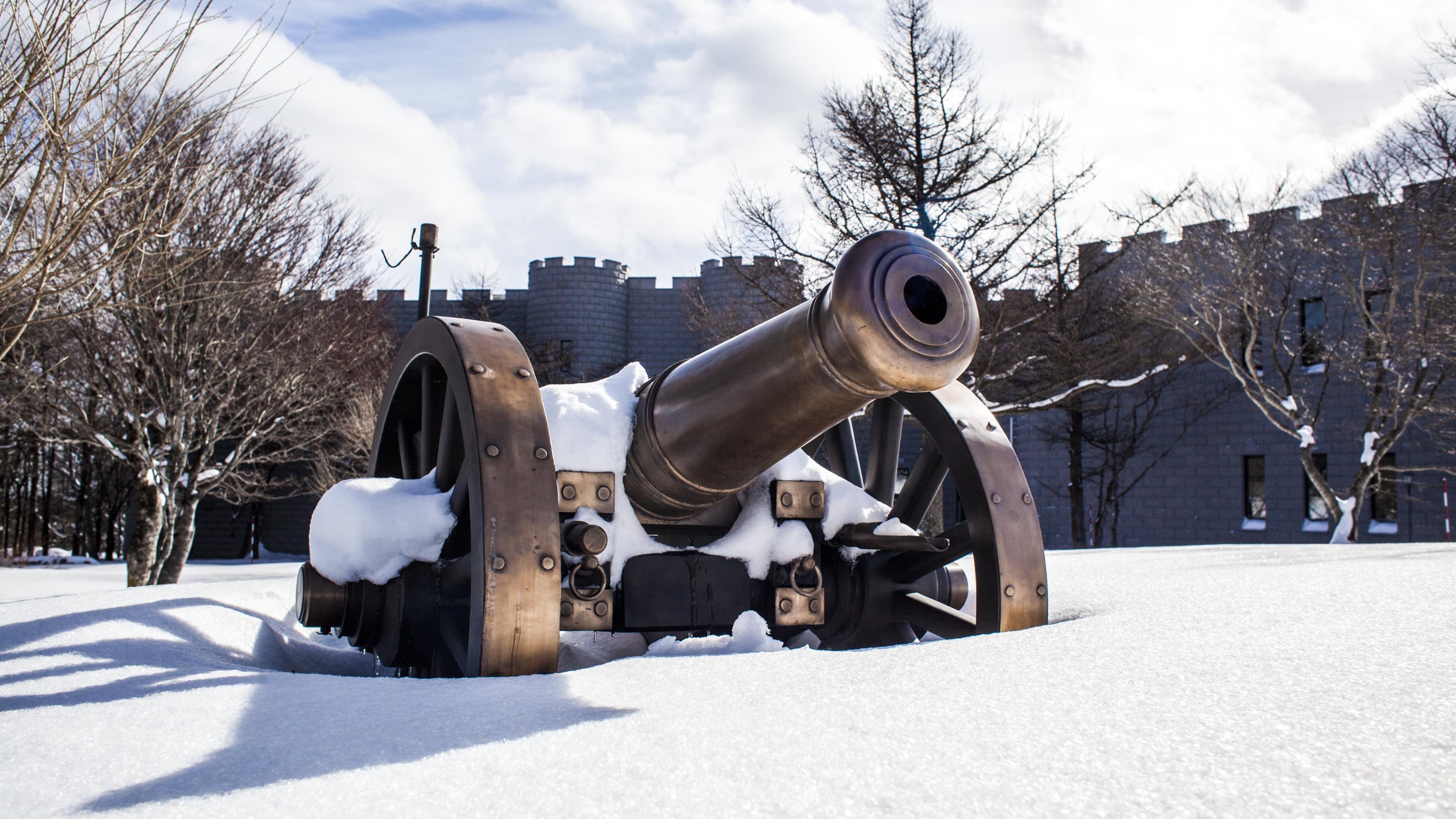 Cannon in the snow with castle in background HD Wallpaper