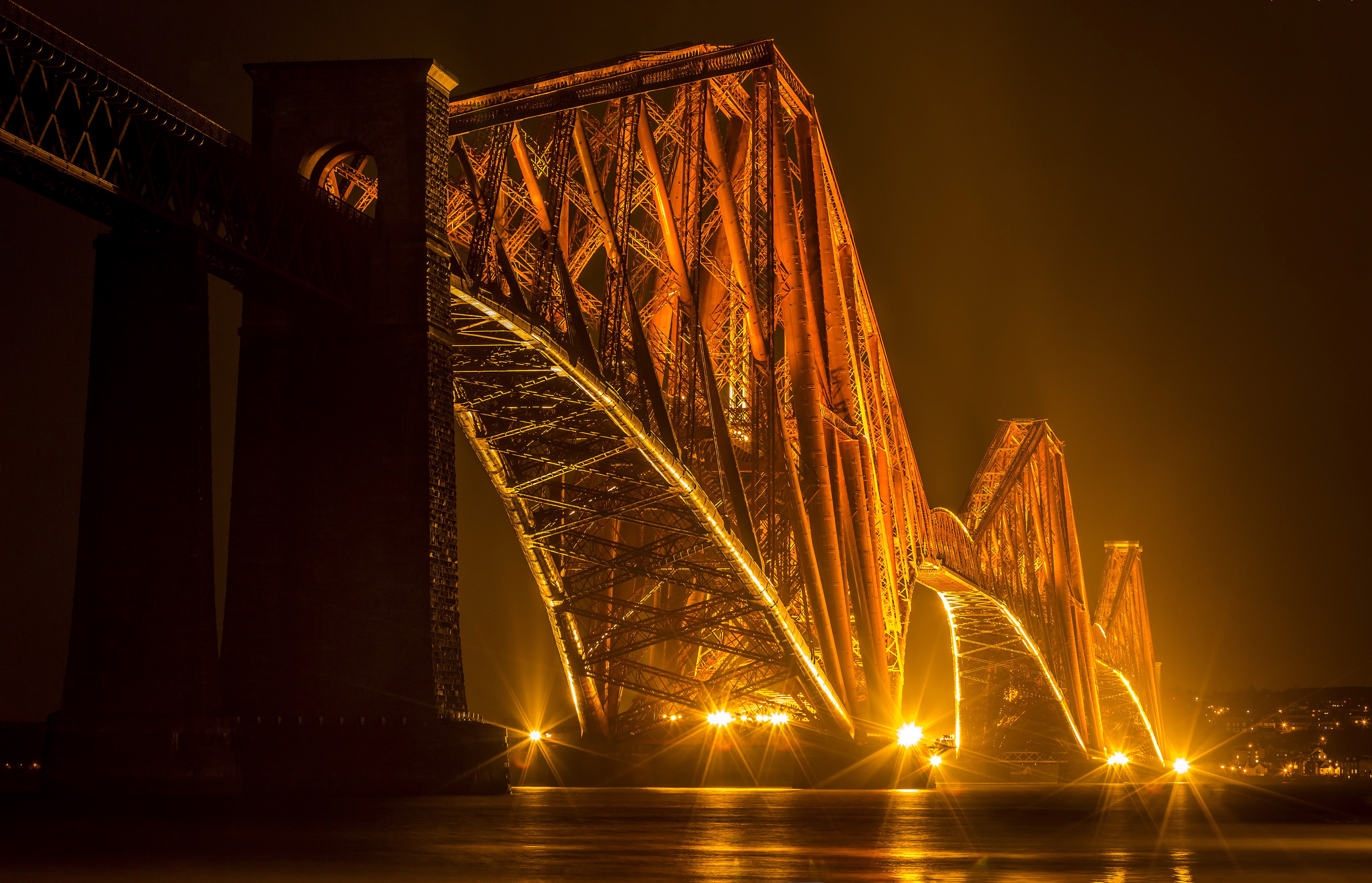 Forth Rail Bridge at Night in Edinburgh, Scotland HD Wallpaper
