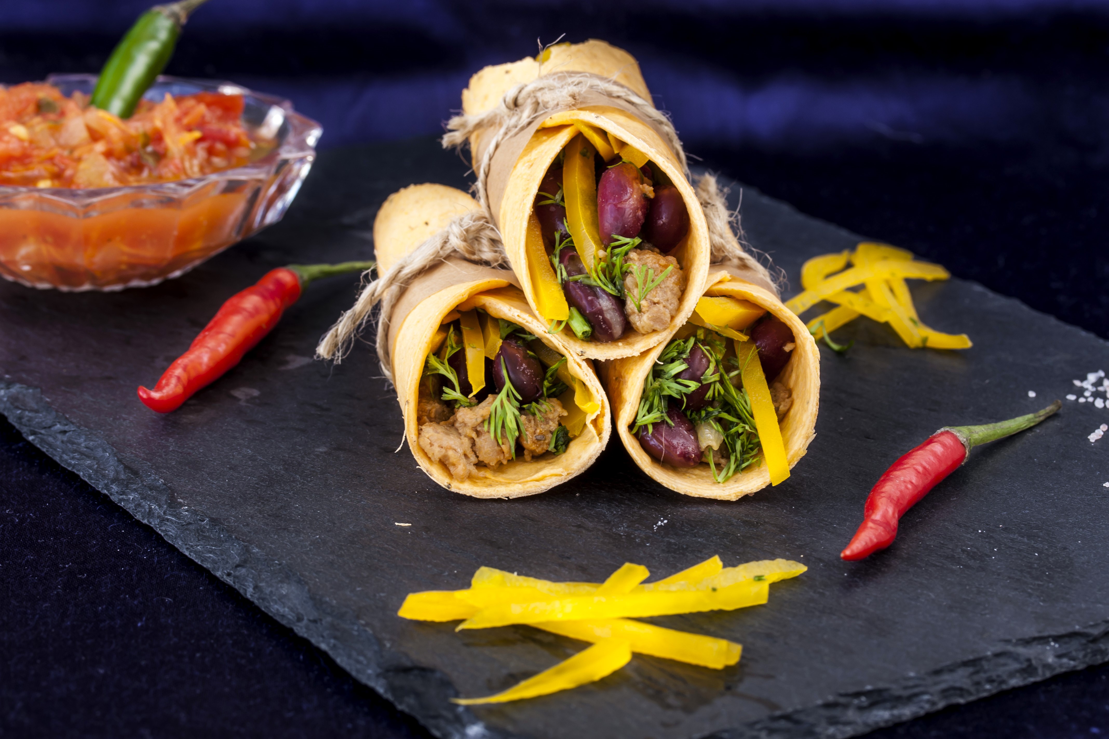 Burritos with Salsa and Chili Peppers HD Wallpaper