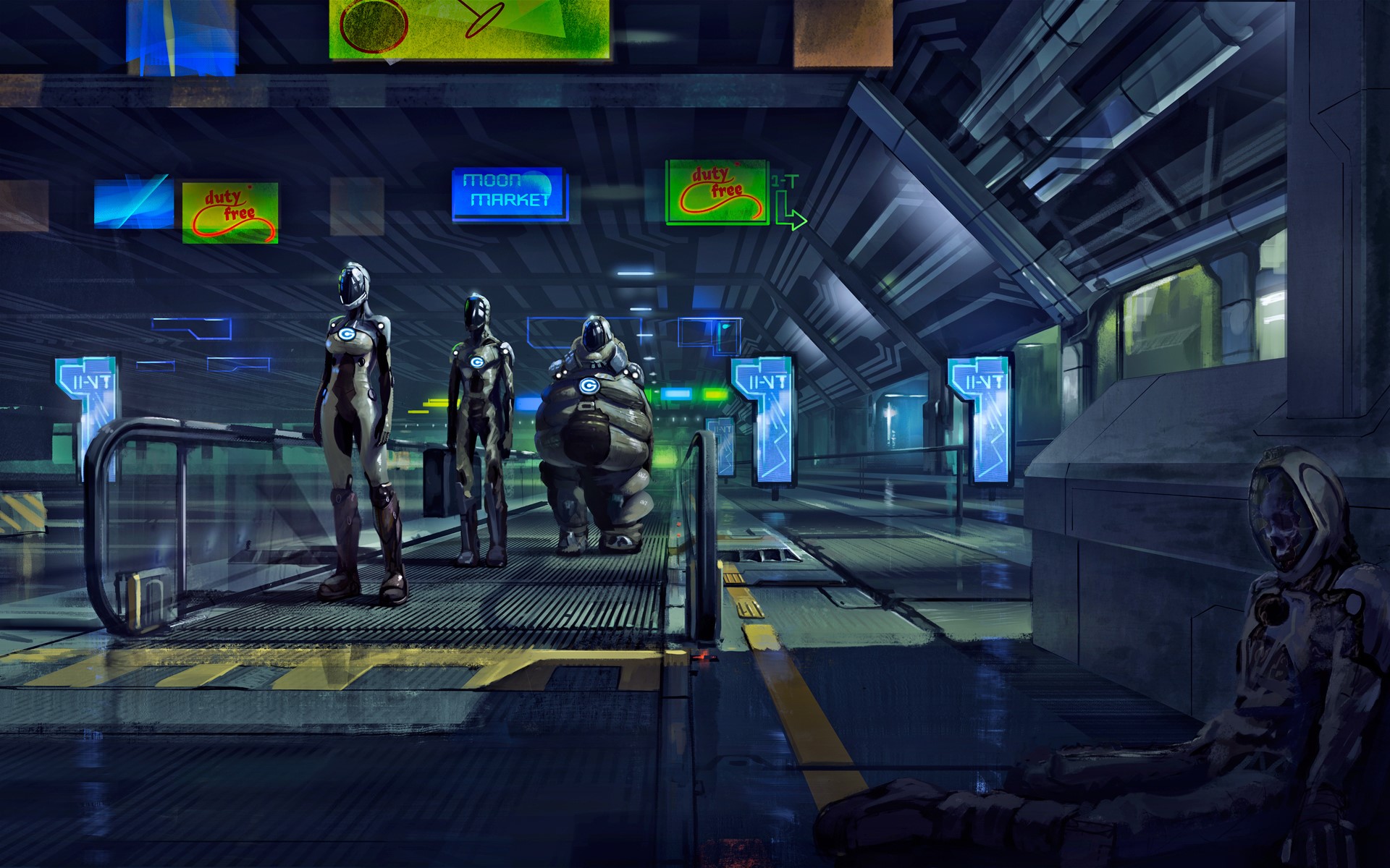 Sci-fi characters in a futuristic market HD Wallpaper