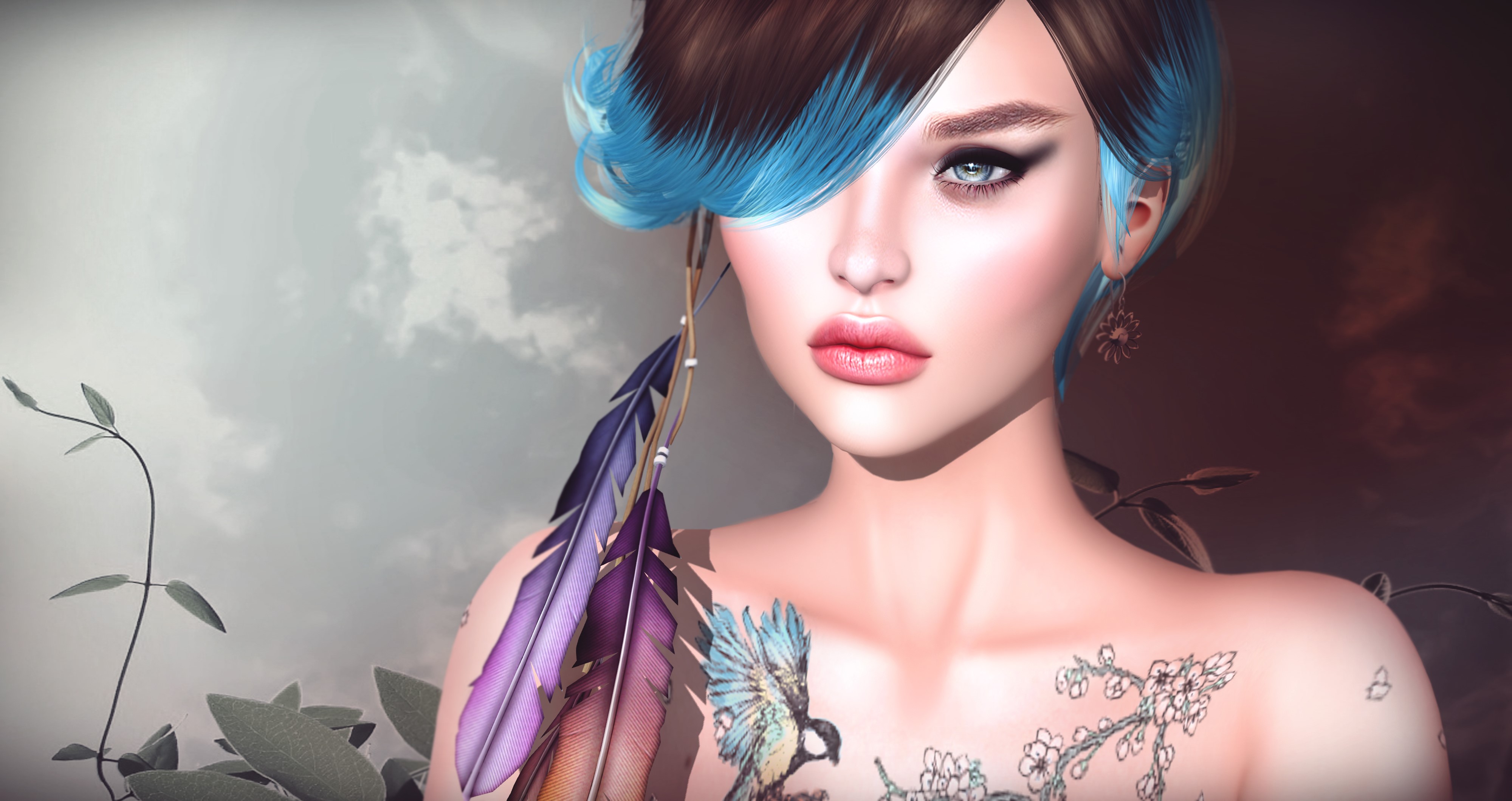 4K Woman with Blue Streaked Hair and Feathers HD Wallpaper