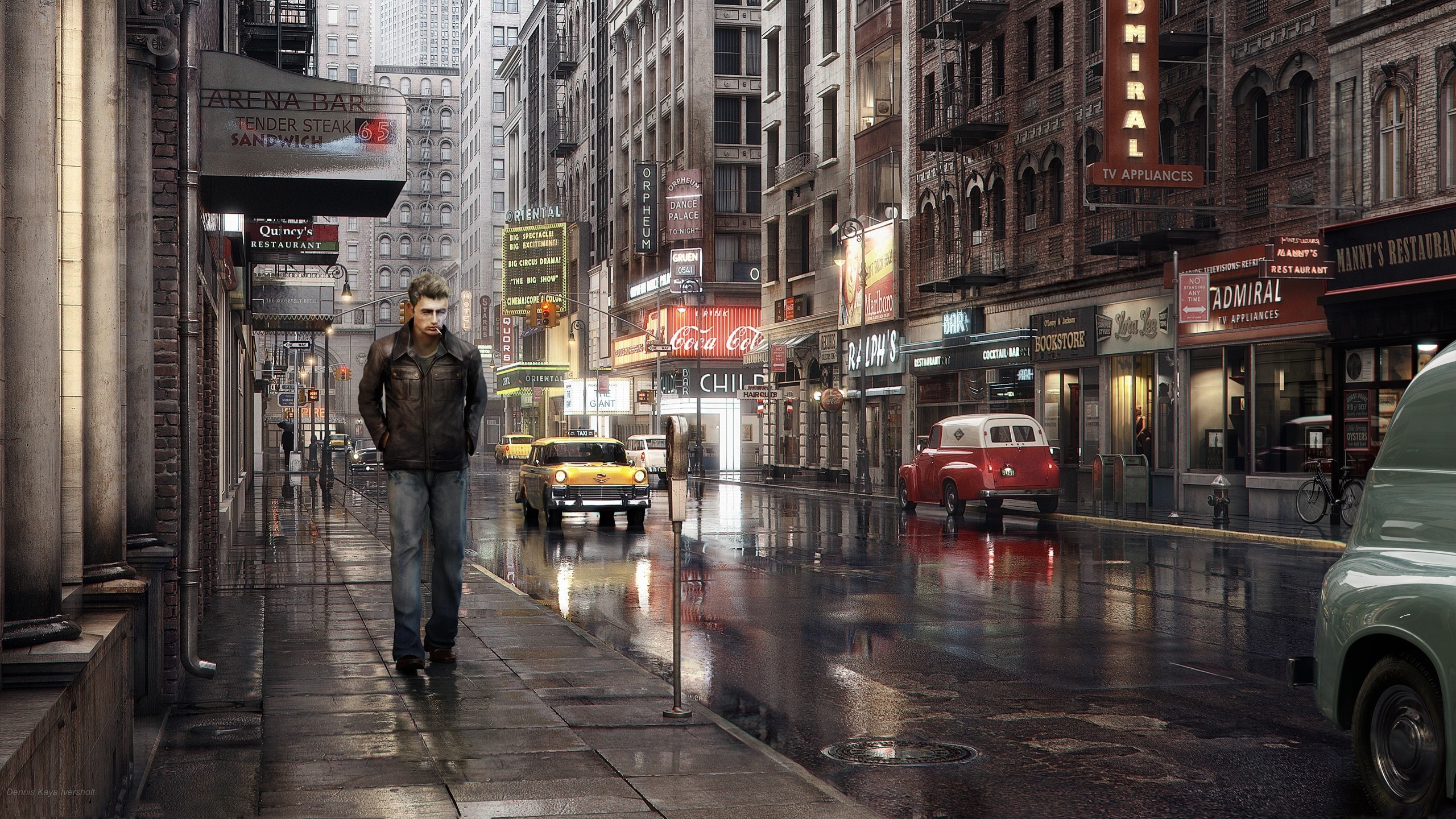 Man walking down a wet city street HD Wallpaper