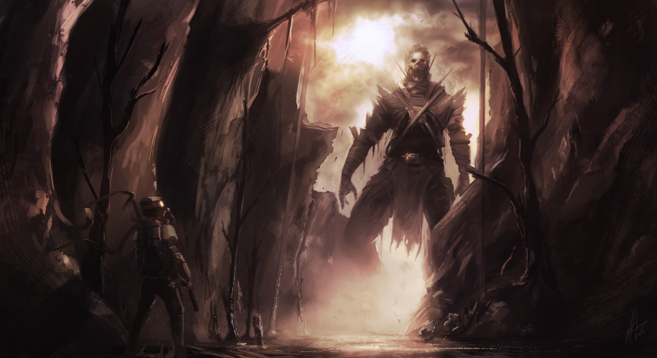 Giant monster confronts a warrior in a cave HD Wallpaper