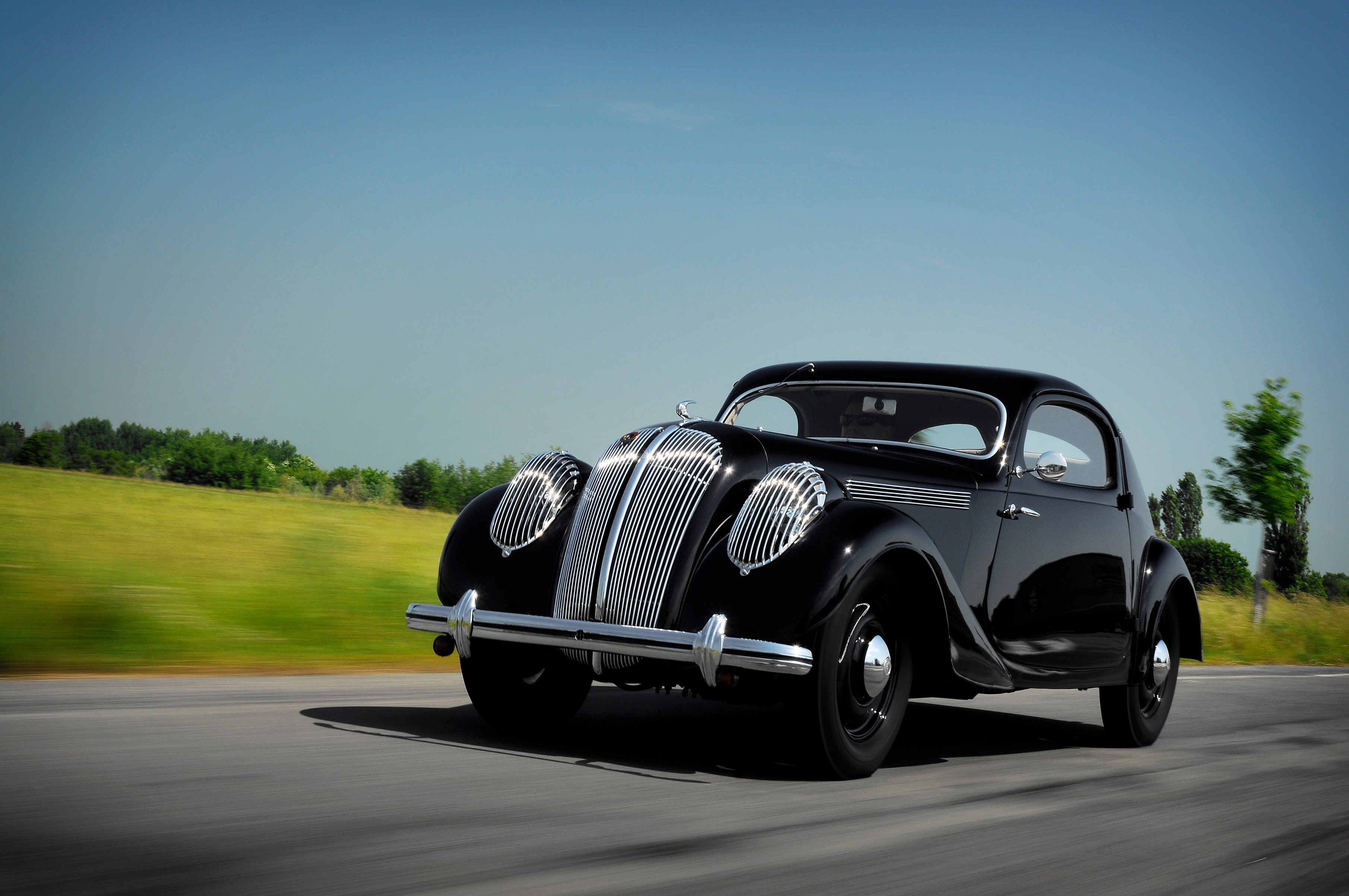 Black 1936 Skoda Popular Sport Monte Carlo driving HD Wallpaper