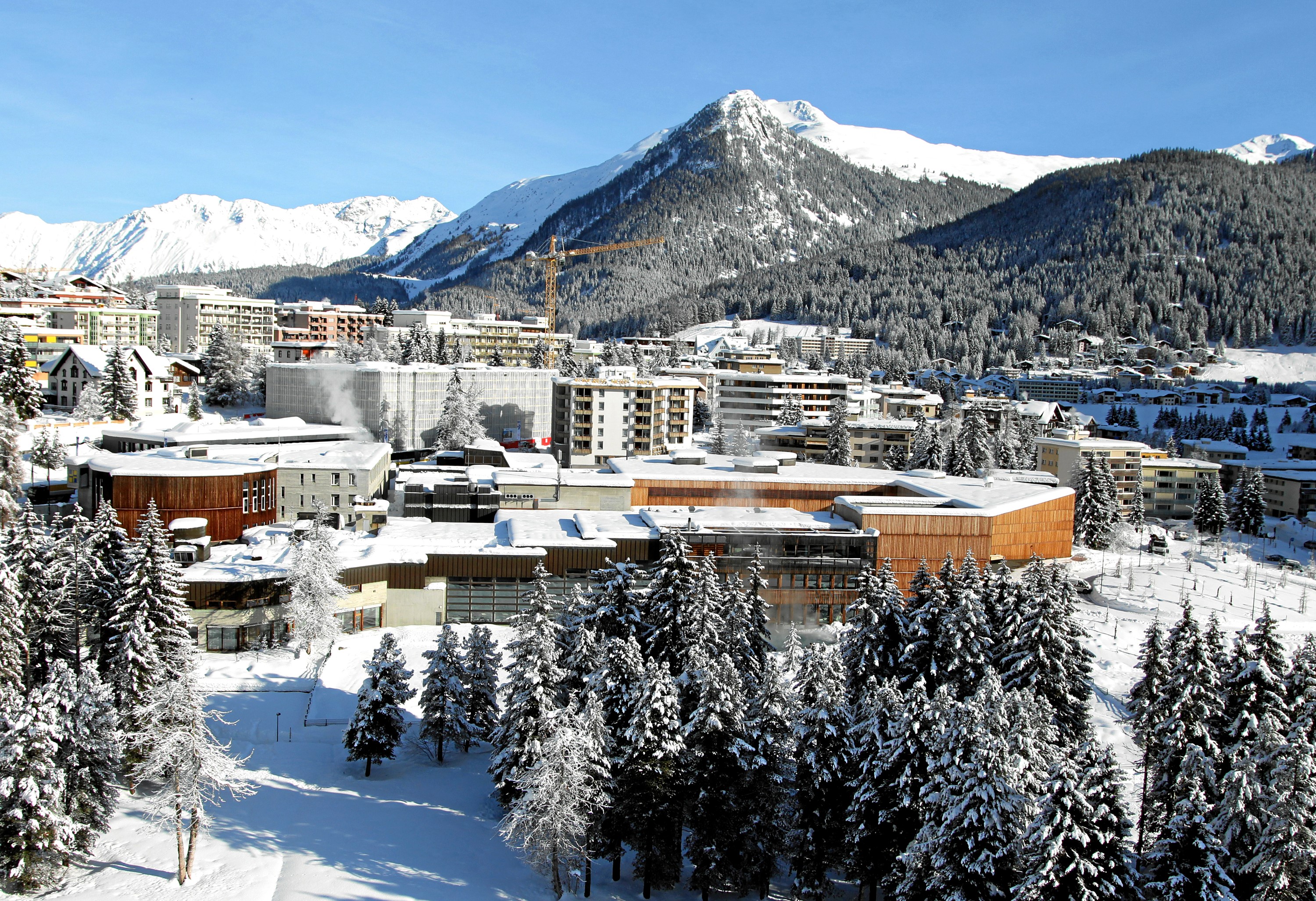 Davos, Switzerland in Winter with Snow-Covered Mountains and Spruce Trees HD Wallpaper