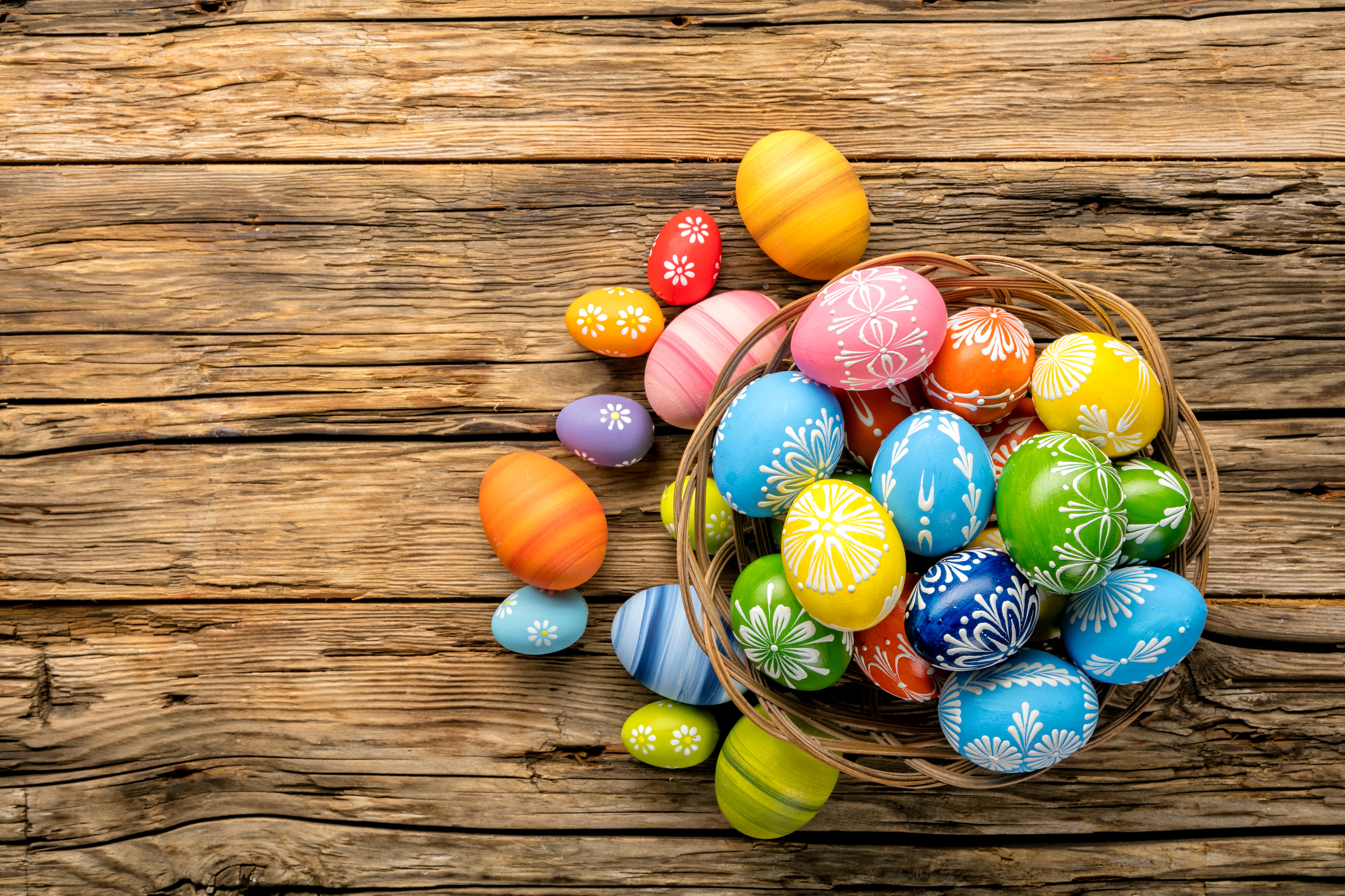 Easter Eggs in a Basket on Wooden Table HD Wallpaper
