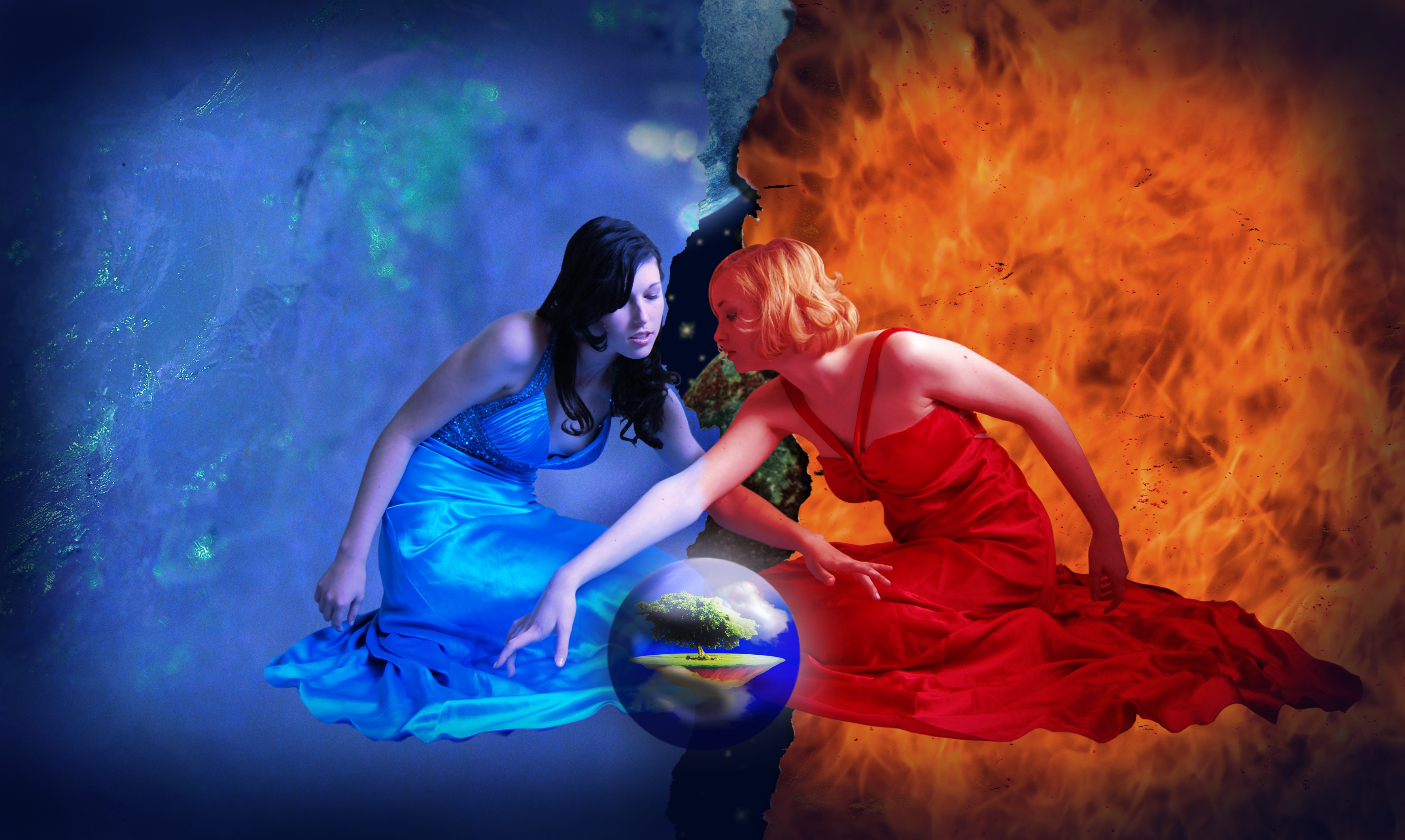 Two women in blue and red dresses with a globe HD Wallpaper