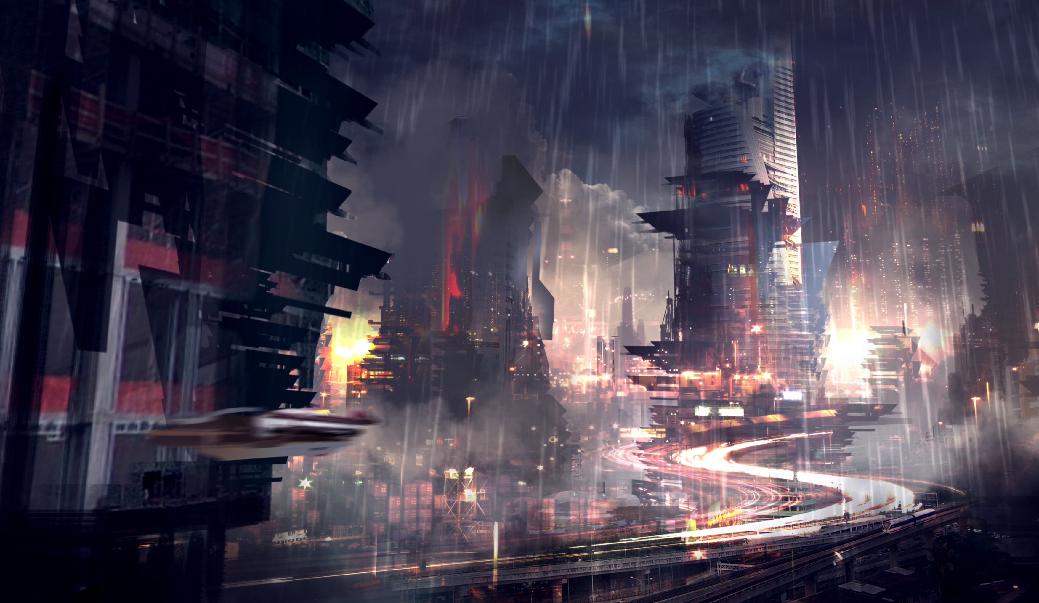 Futuristic city in the rain with flying vehicle HD Wallpaper