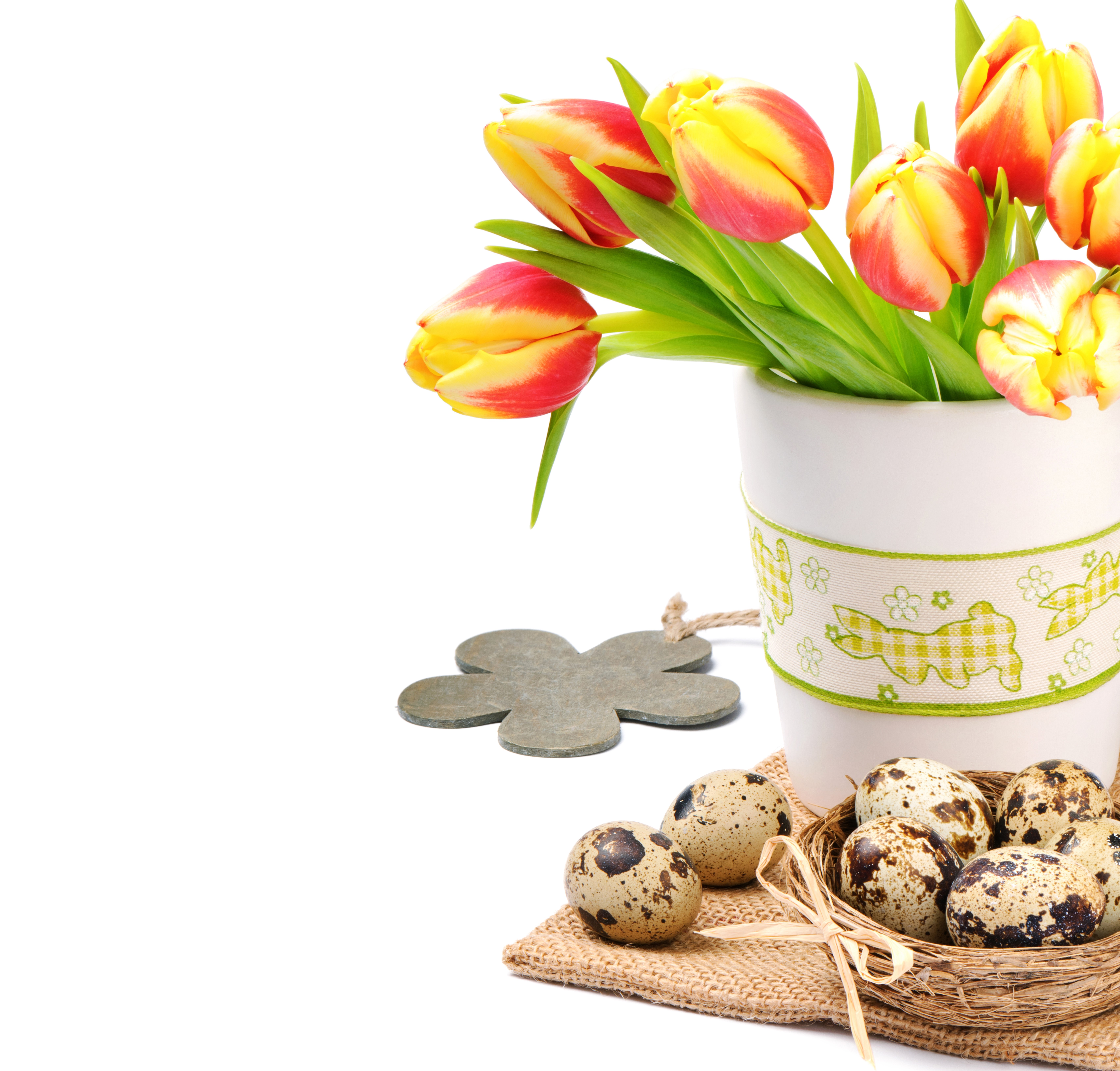 Easter Tulips and Quail Eggs in a Vase HD Wallpaper