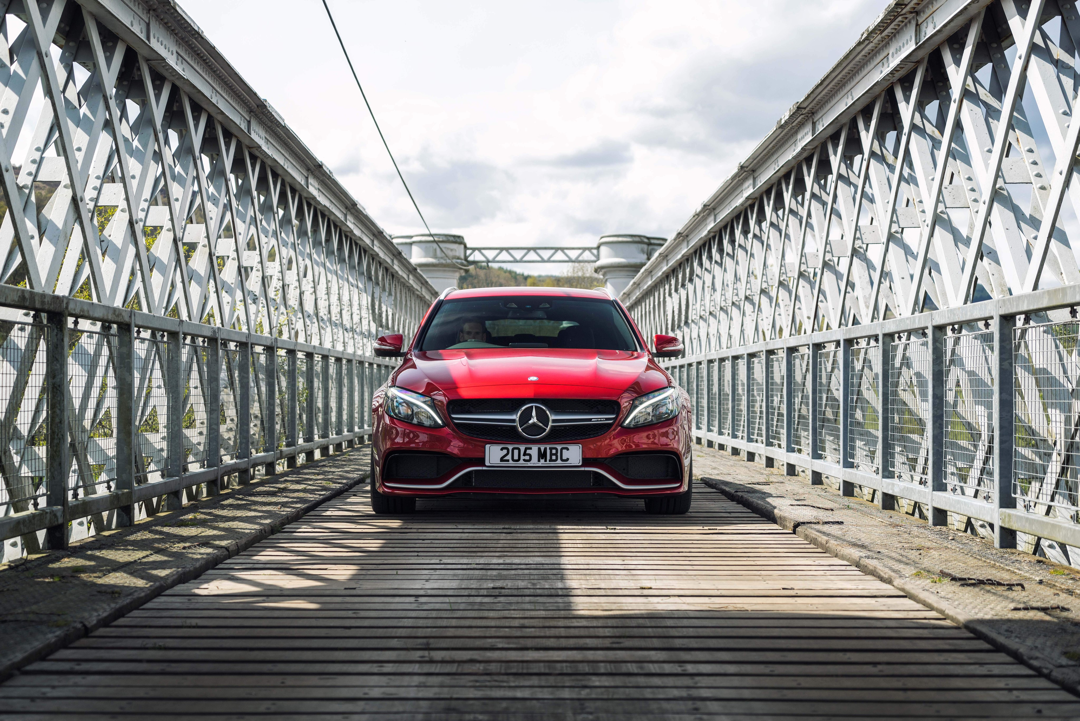 Red 2015 Mercedes-Benz AMG C 63 Estate on a bridge HD Wallpaper