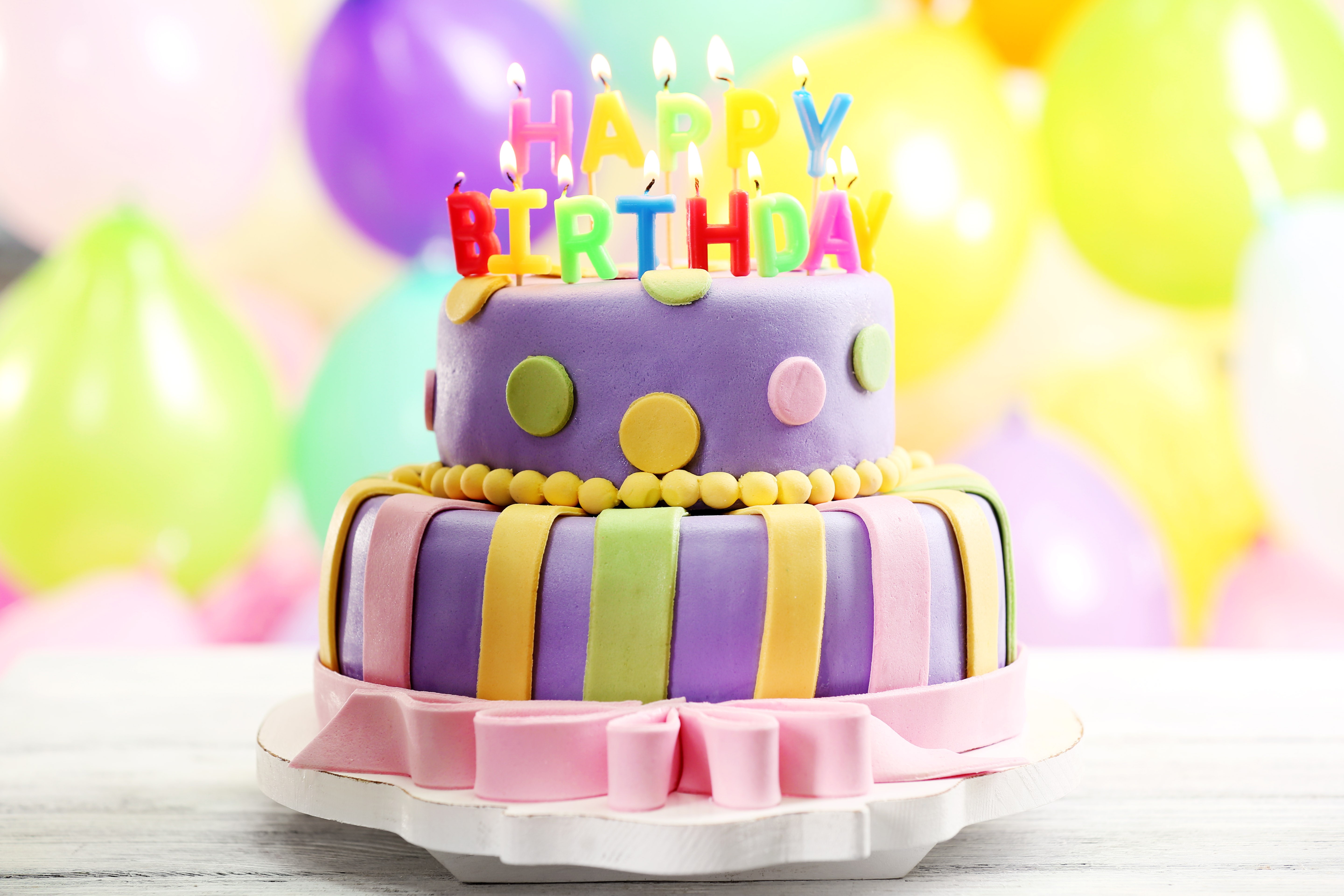 Birthday cake with candles and balloons HD Wallpaper