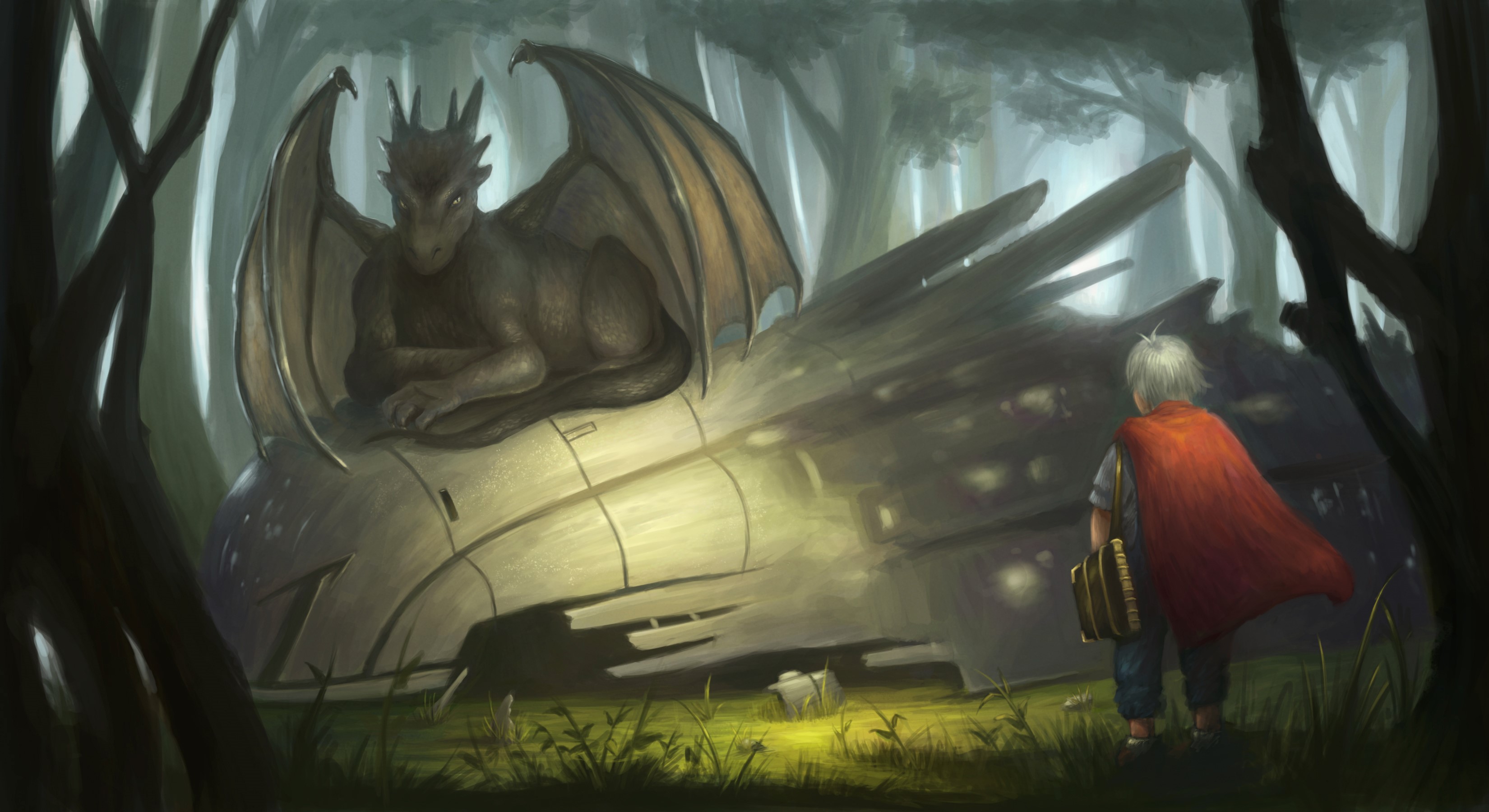 Dragon on a crashed spaceship with a child HD Wallpaper