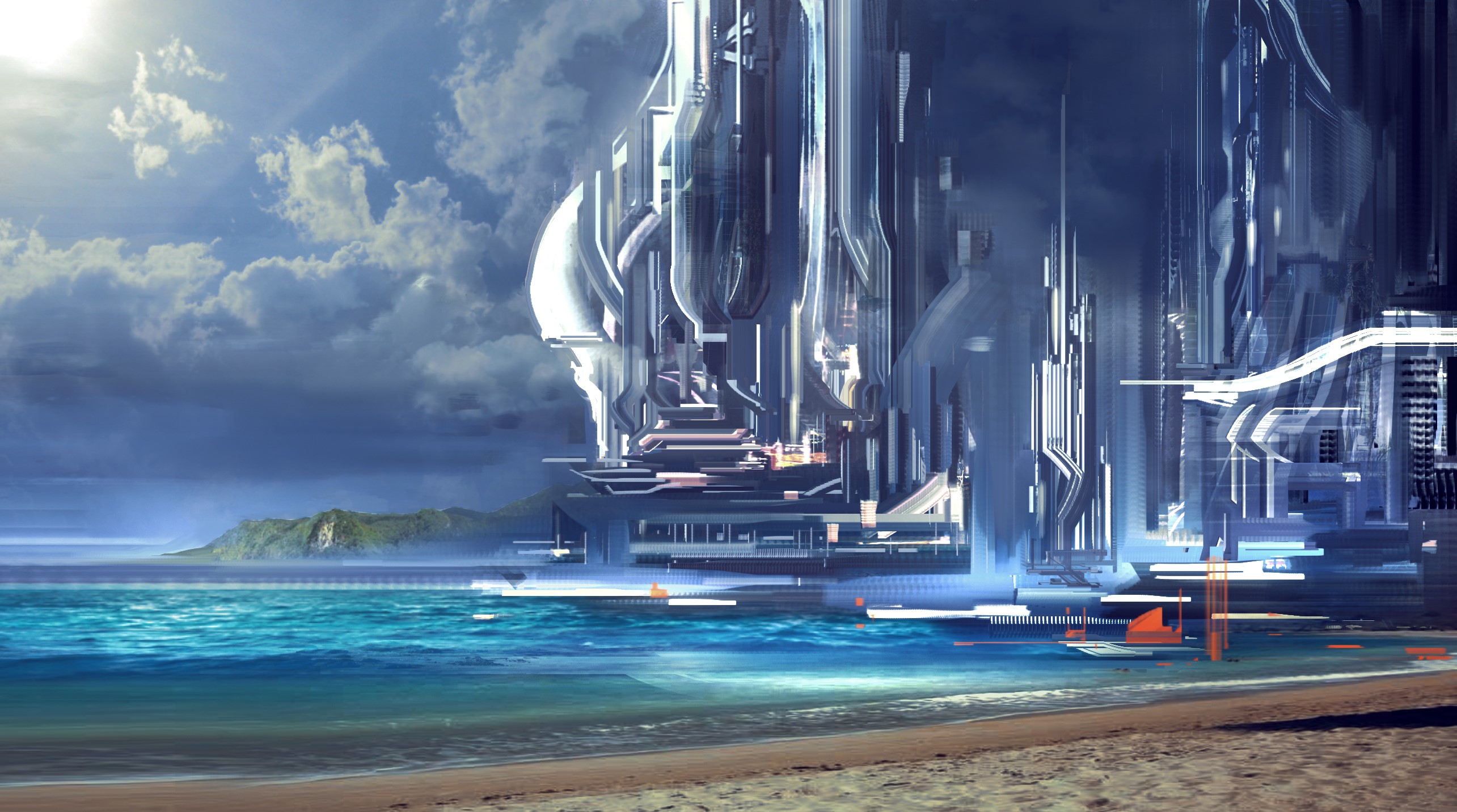 Futuristic city on a beach with a mountain island HD Wallpaper