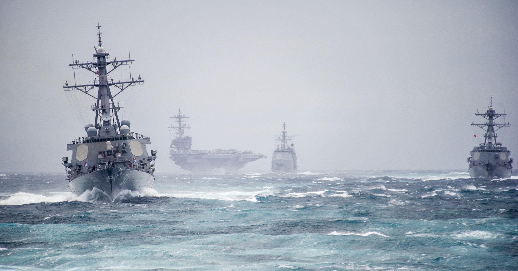 US Navy Ships Sailing in Rough Seas HD Wallpaper