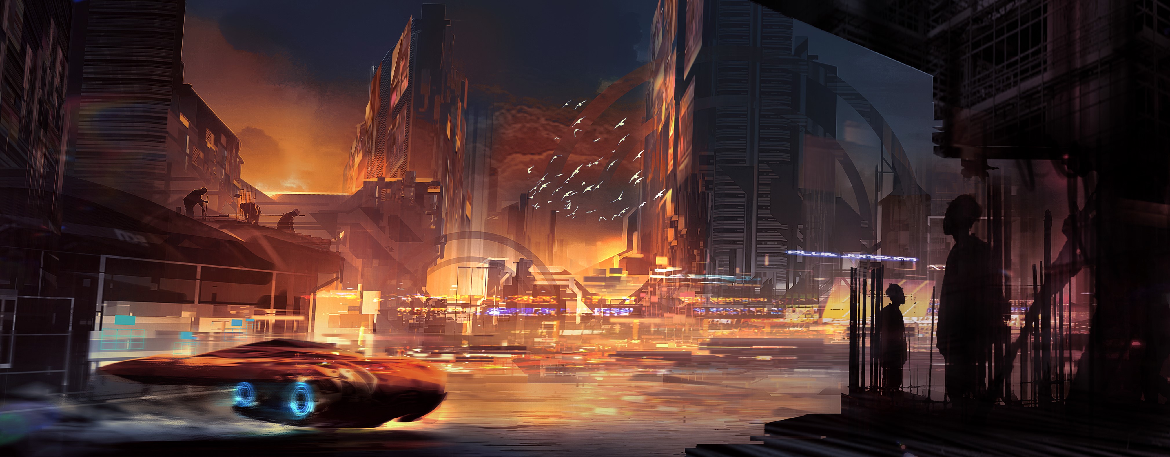 4K Fantastic World Cityscape with Flying Vehicles HD Wallpaper