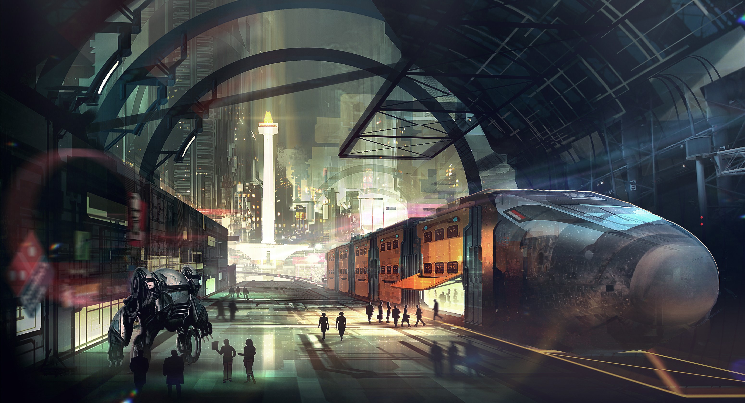 Futuristic train station with a robot and city skyline HD Wallpaper