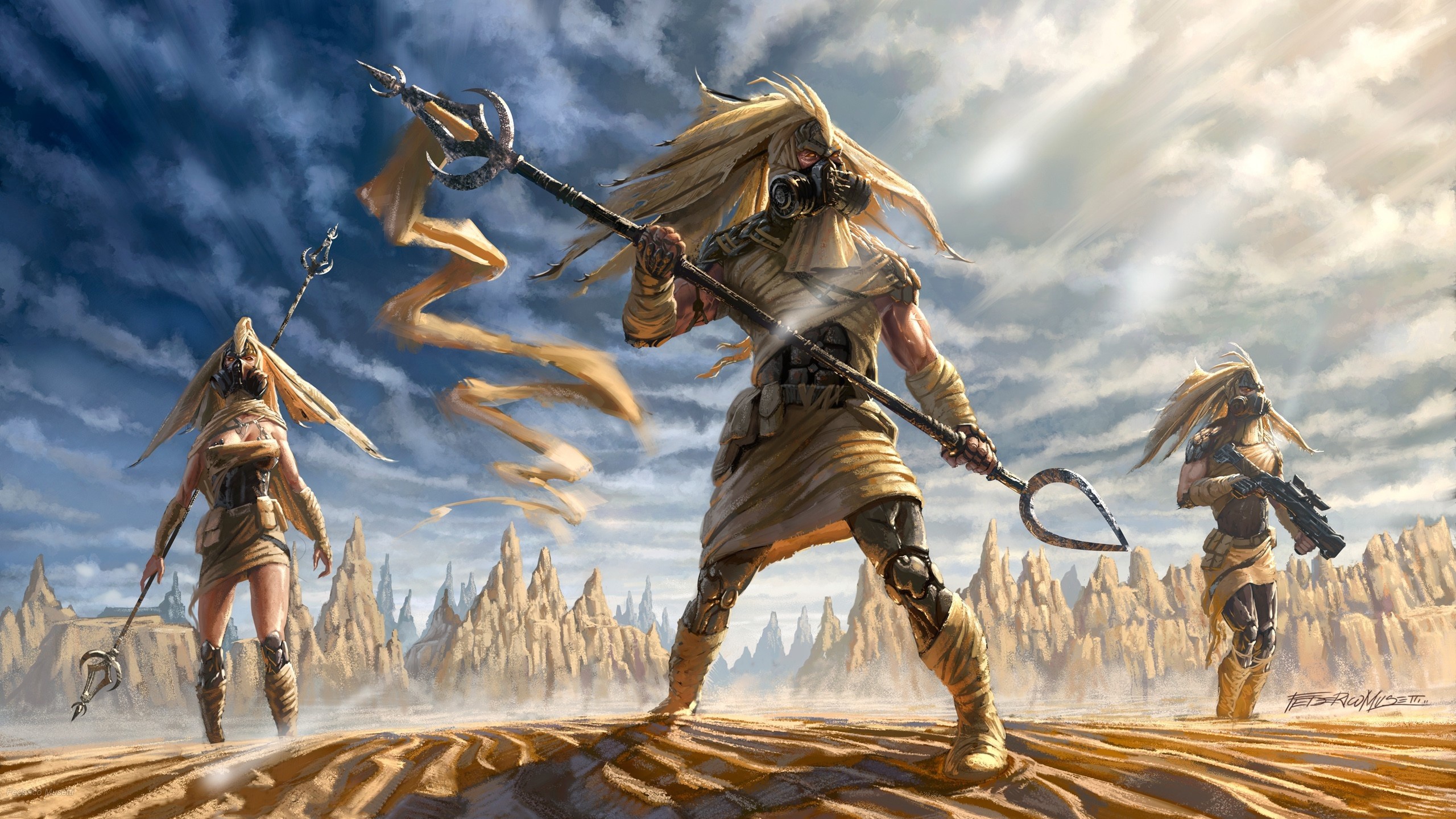 Desert warriors with spears and rifle HD Wallpaper