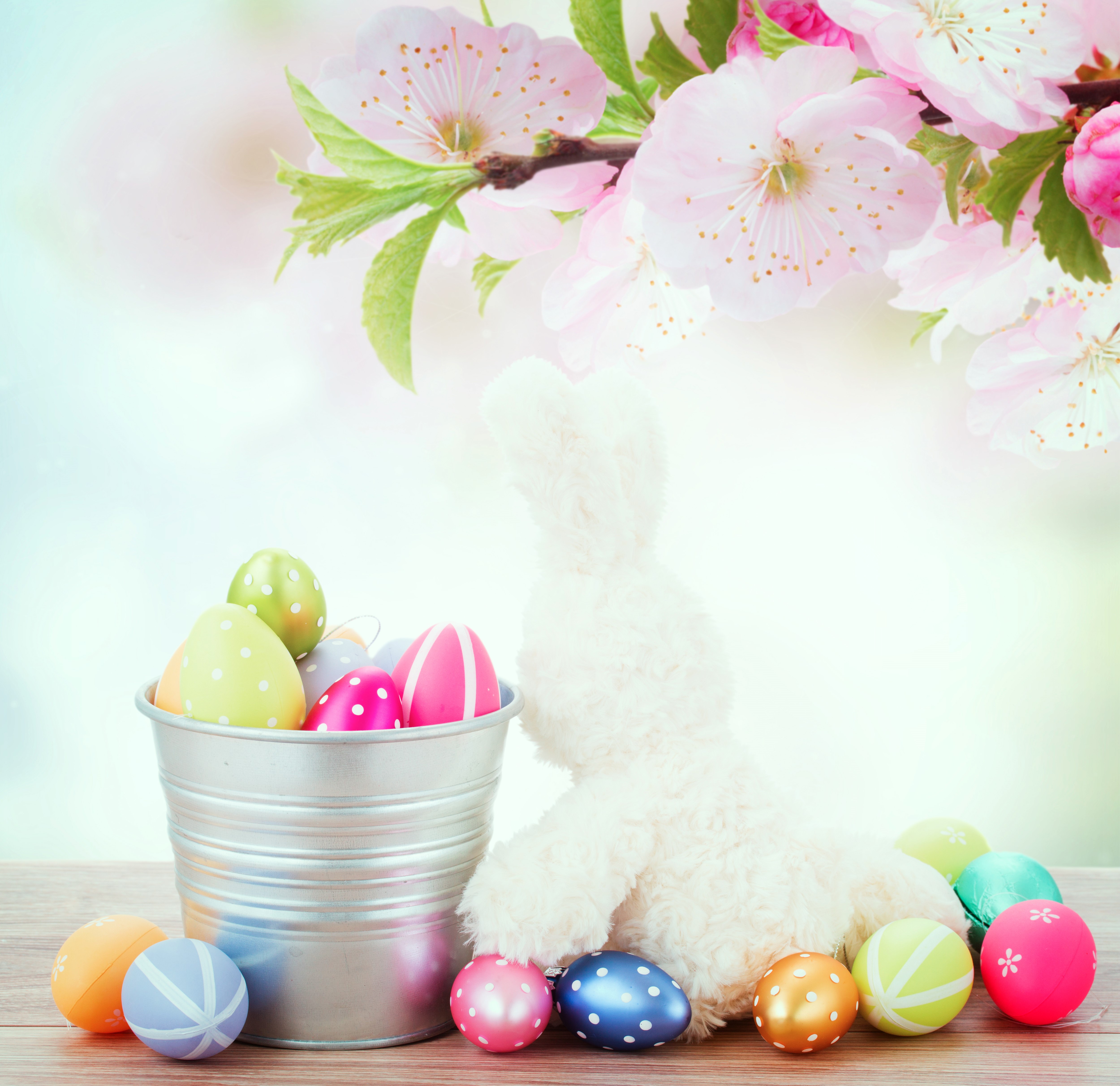 Easter Eggs and Bunny with Flowering Branches HD Wallpaper