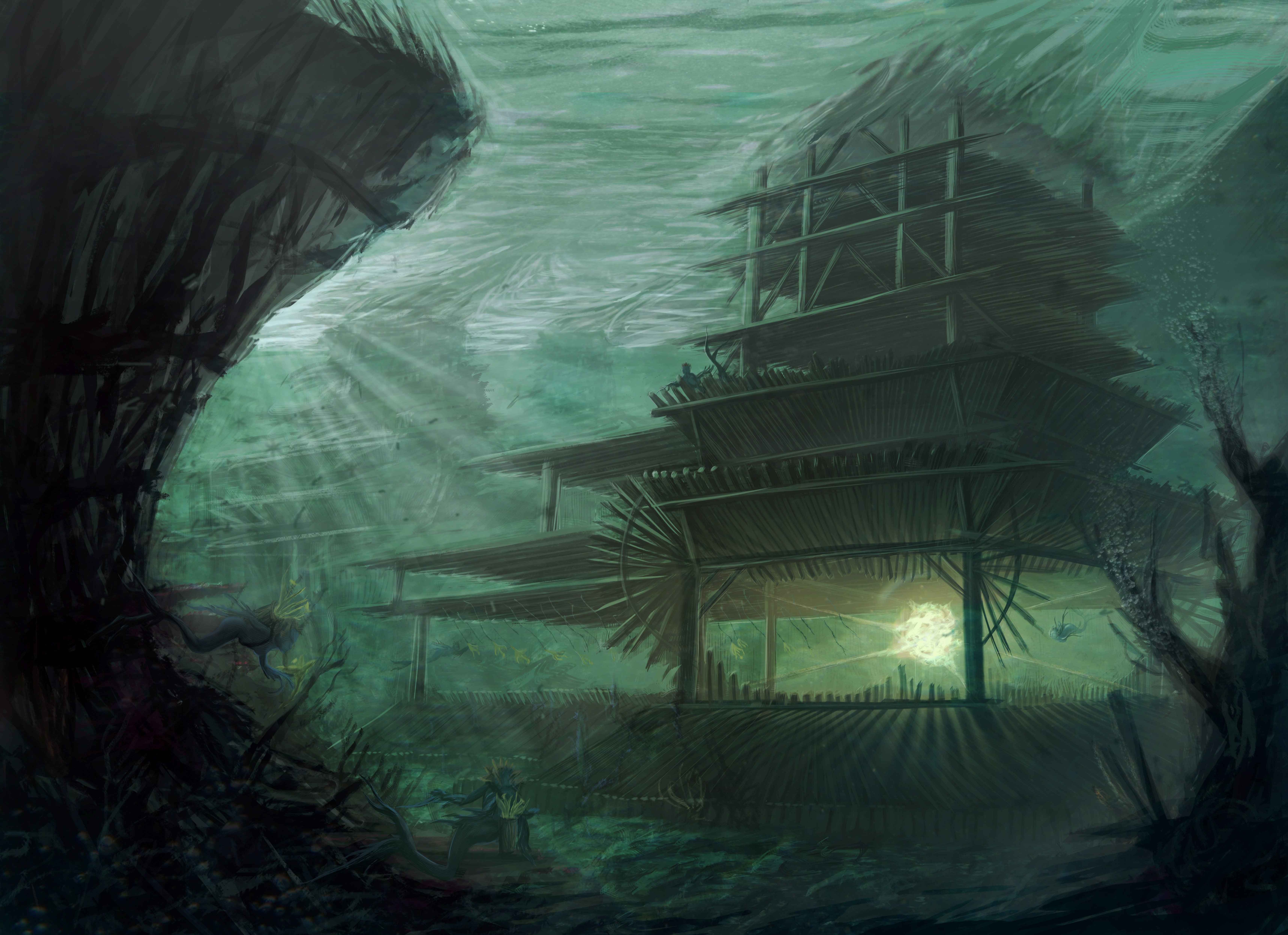 Underwater world with wooden structures HD Wallpaper
