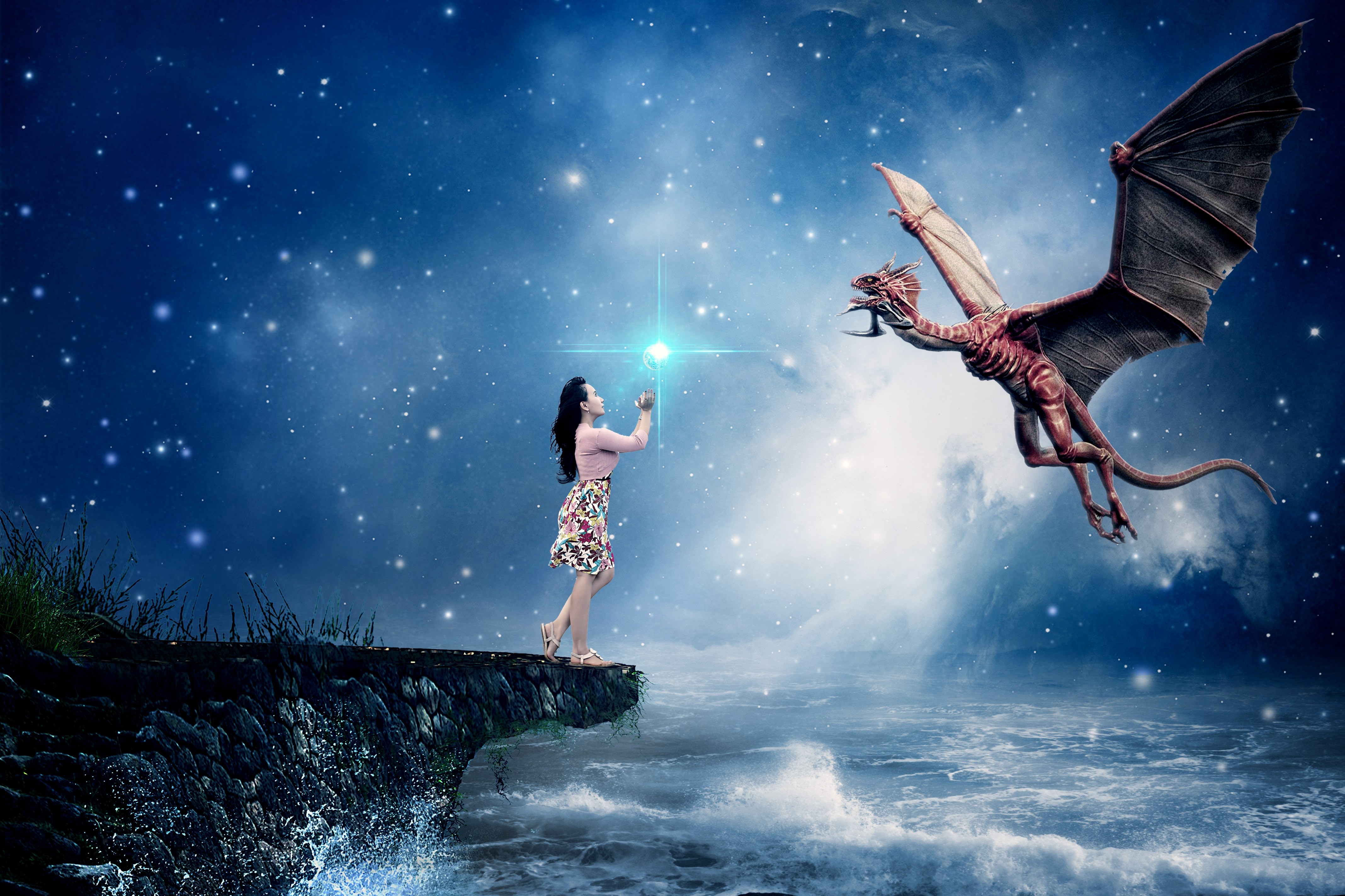 Girl reaching for star with dragon in starry sky HD Wallpaper
