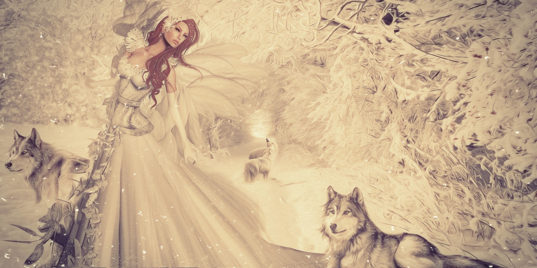 Woman in white dress with wolves in snowy forest HD Wallpaper