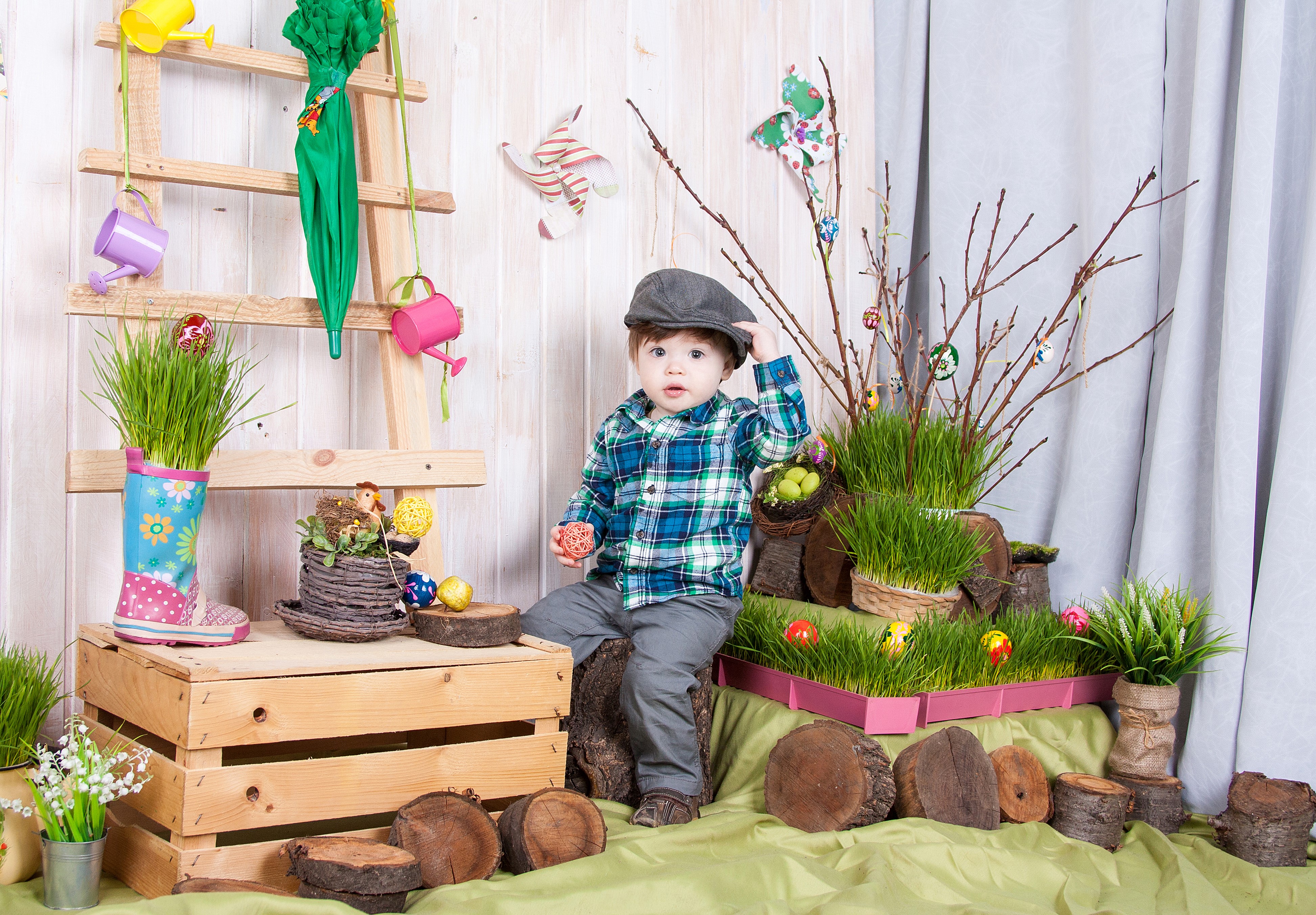 4K Easter scene with a boy and grass HD Wallpaper