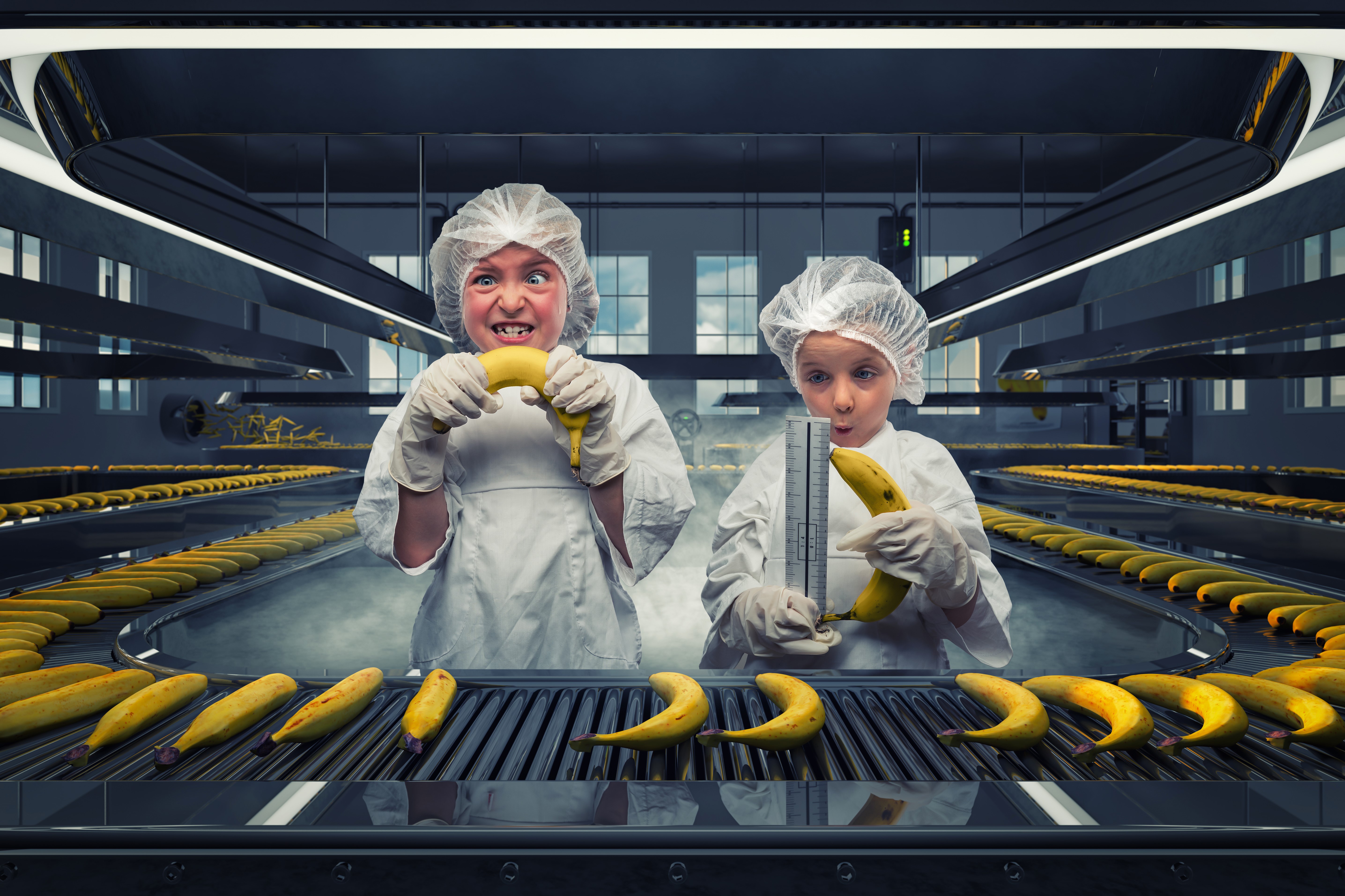 Two children in a banana factory HD Wallpaper