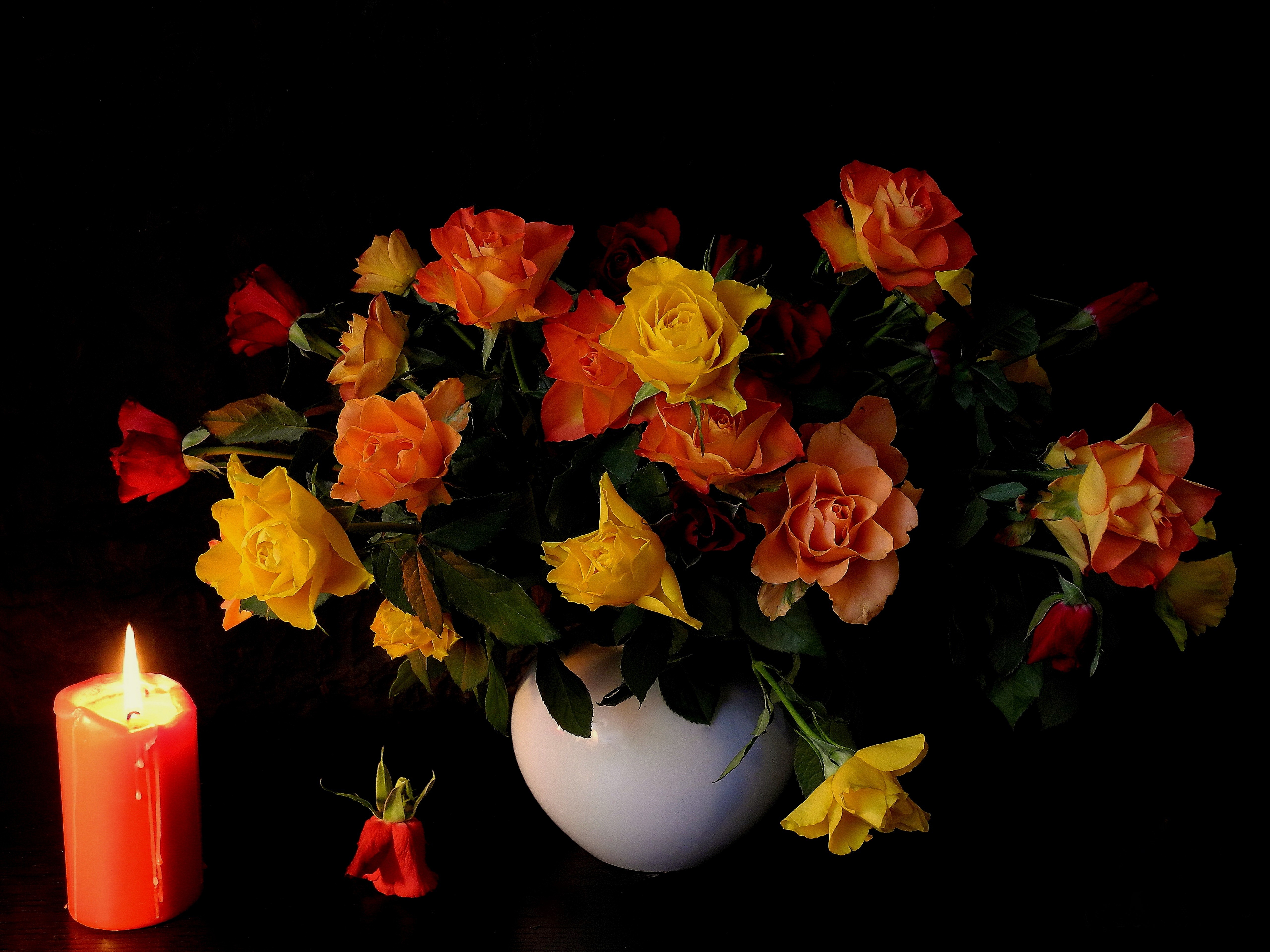 Roses and a candle HD Wallpaper