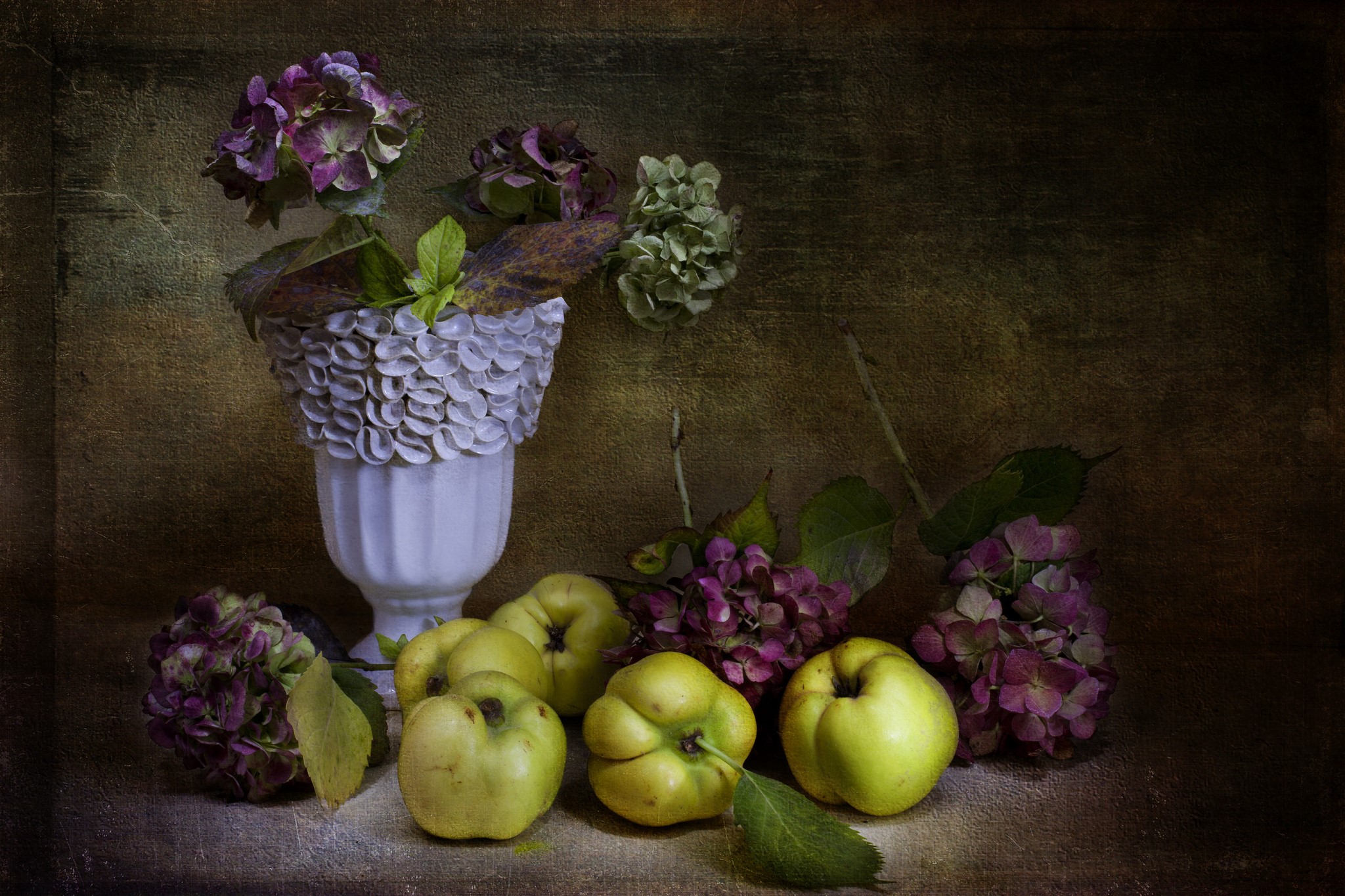 Still-life with apples and hydrangeas in a vase HD Wallpaper
