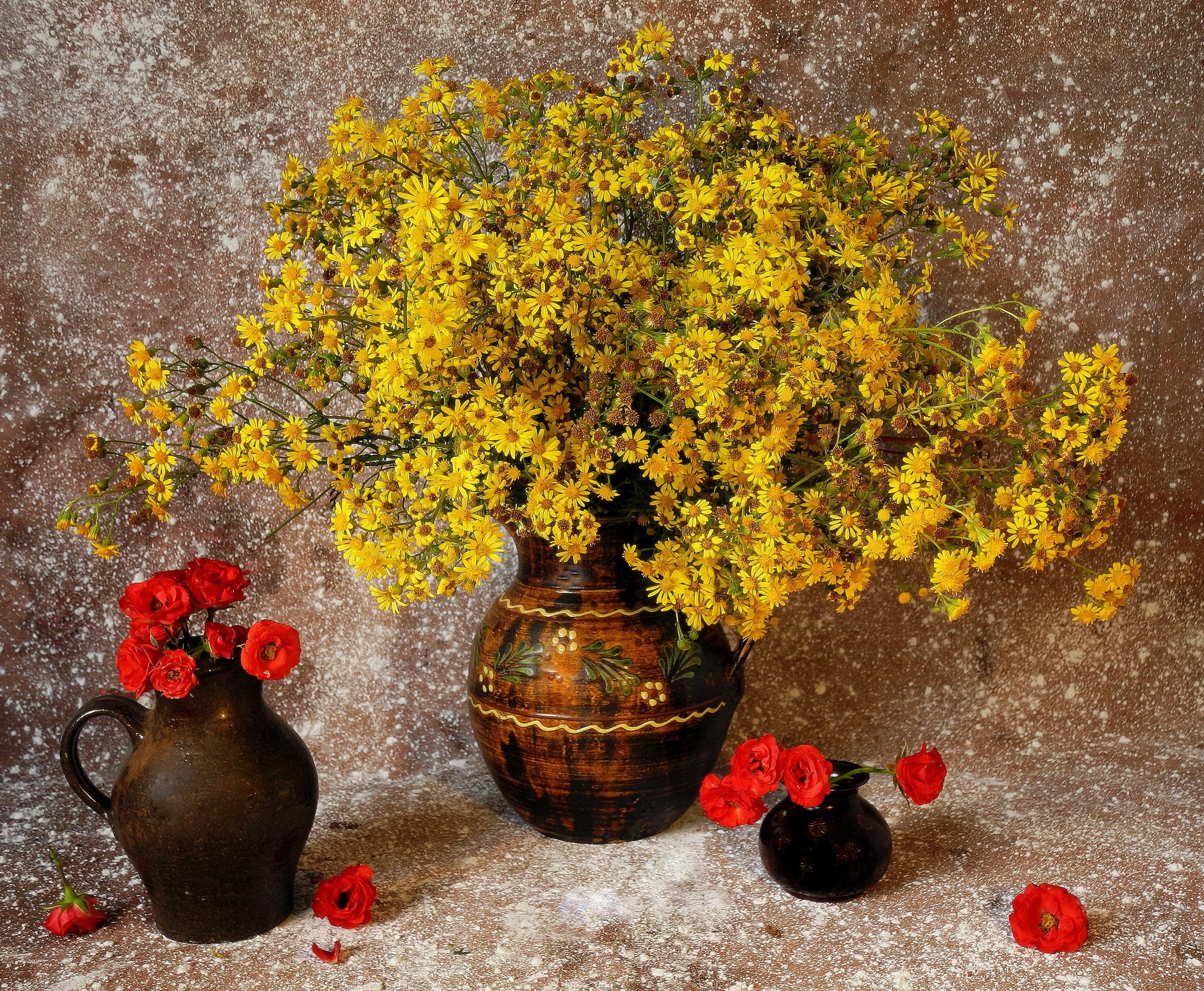Still-life with yellow flowers and red roses in vases HD Wallpaper
