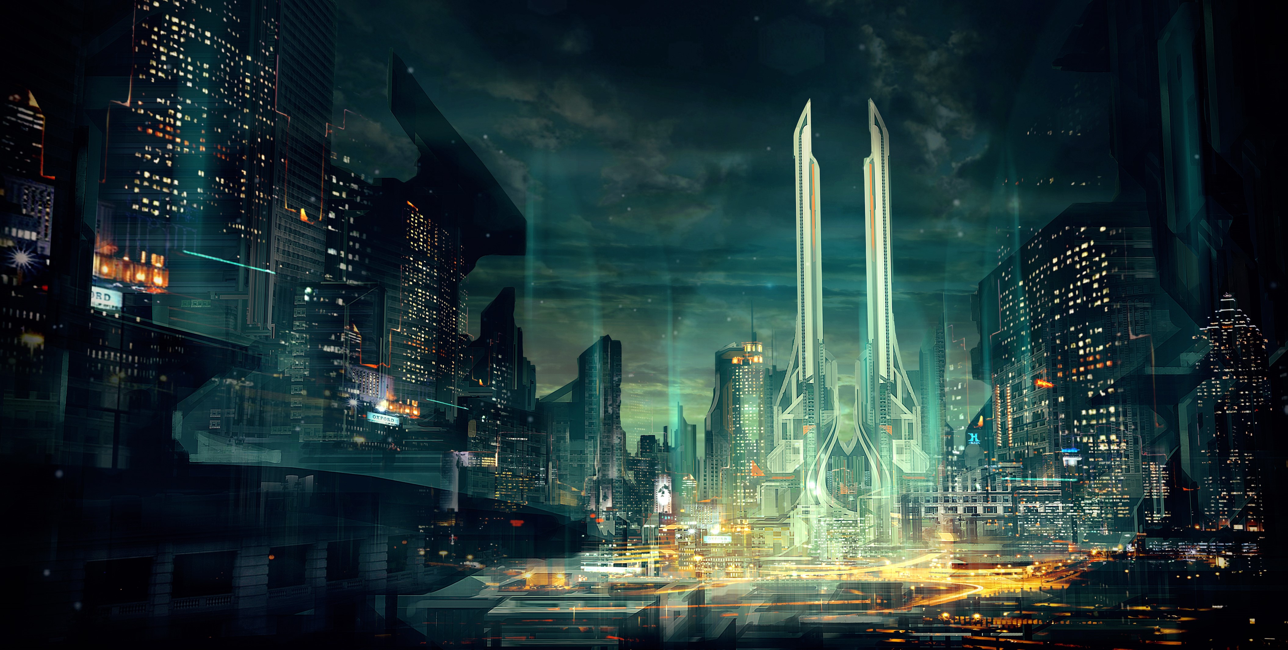 4K Futuristic Cityscape with Tall Towers HD Wallpaper