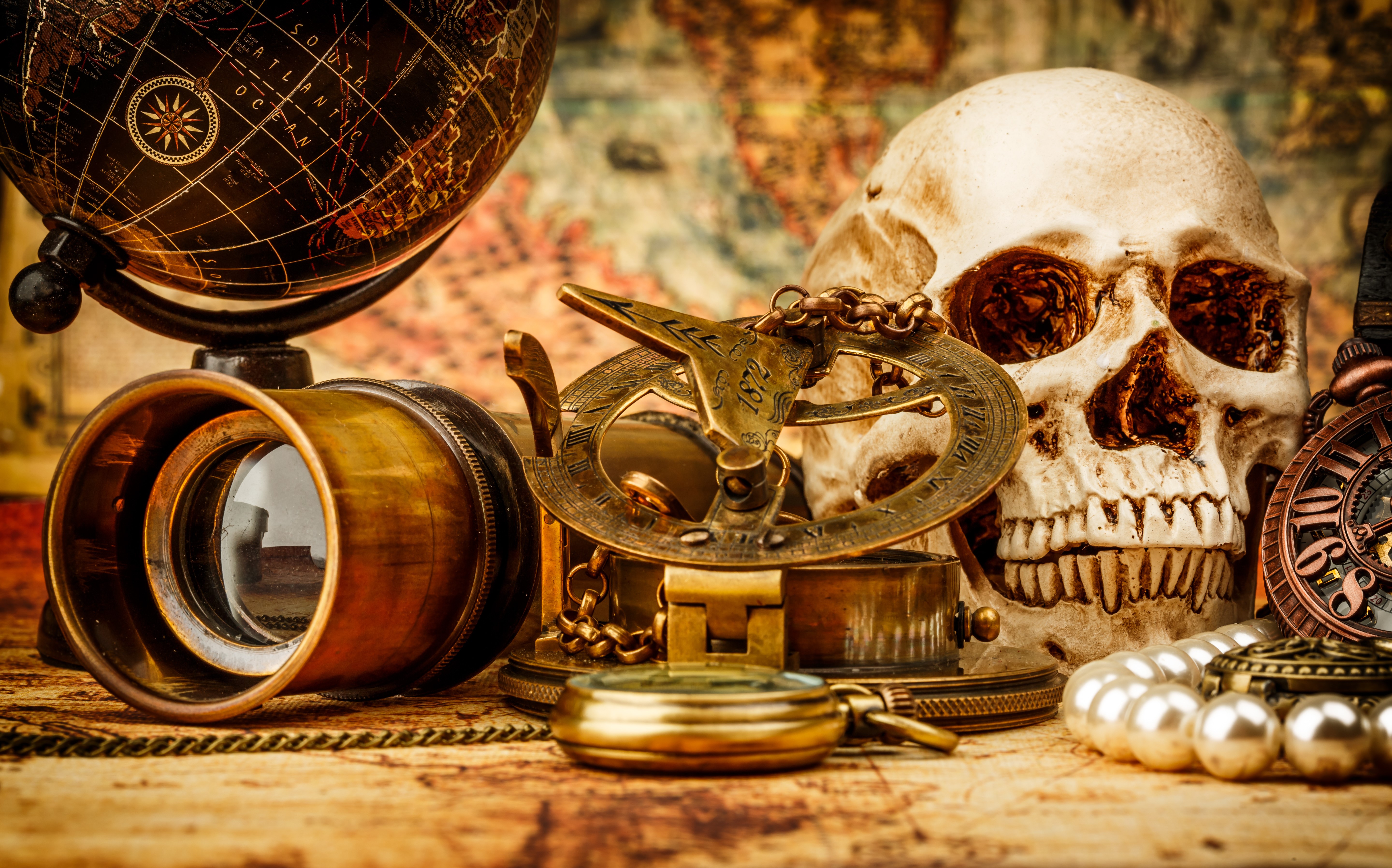Skull, Globe, and Navigation Tools on Old Map HD Wallpaper