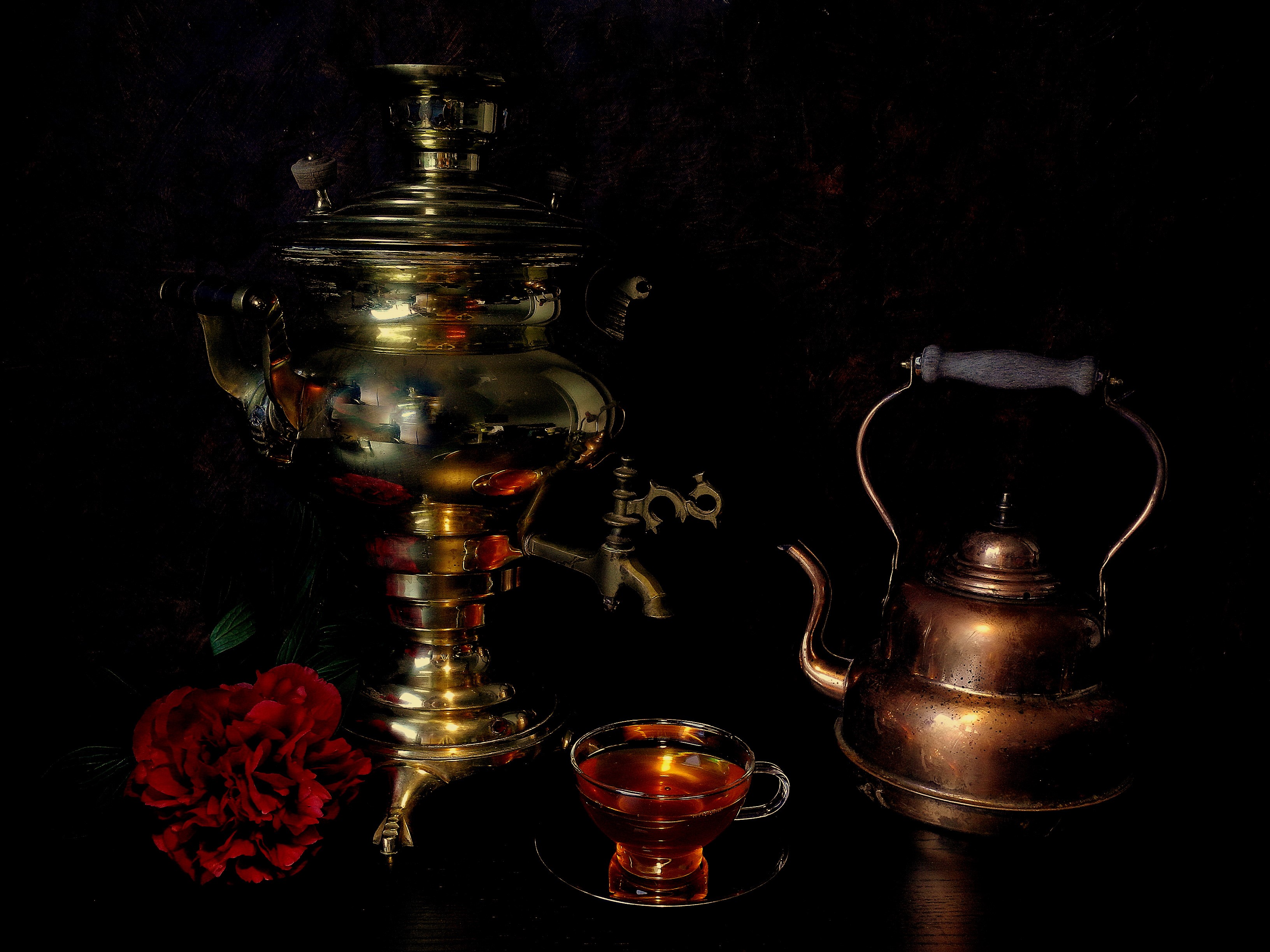 Brass Samovar, Copper Kettle, and Tea Cup HD Wallpaper