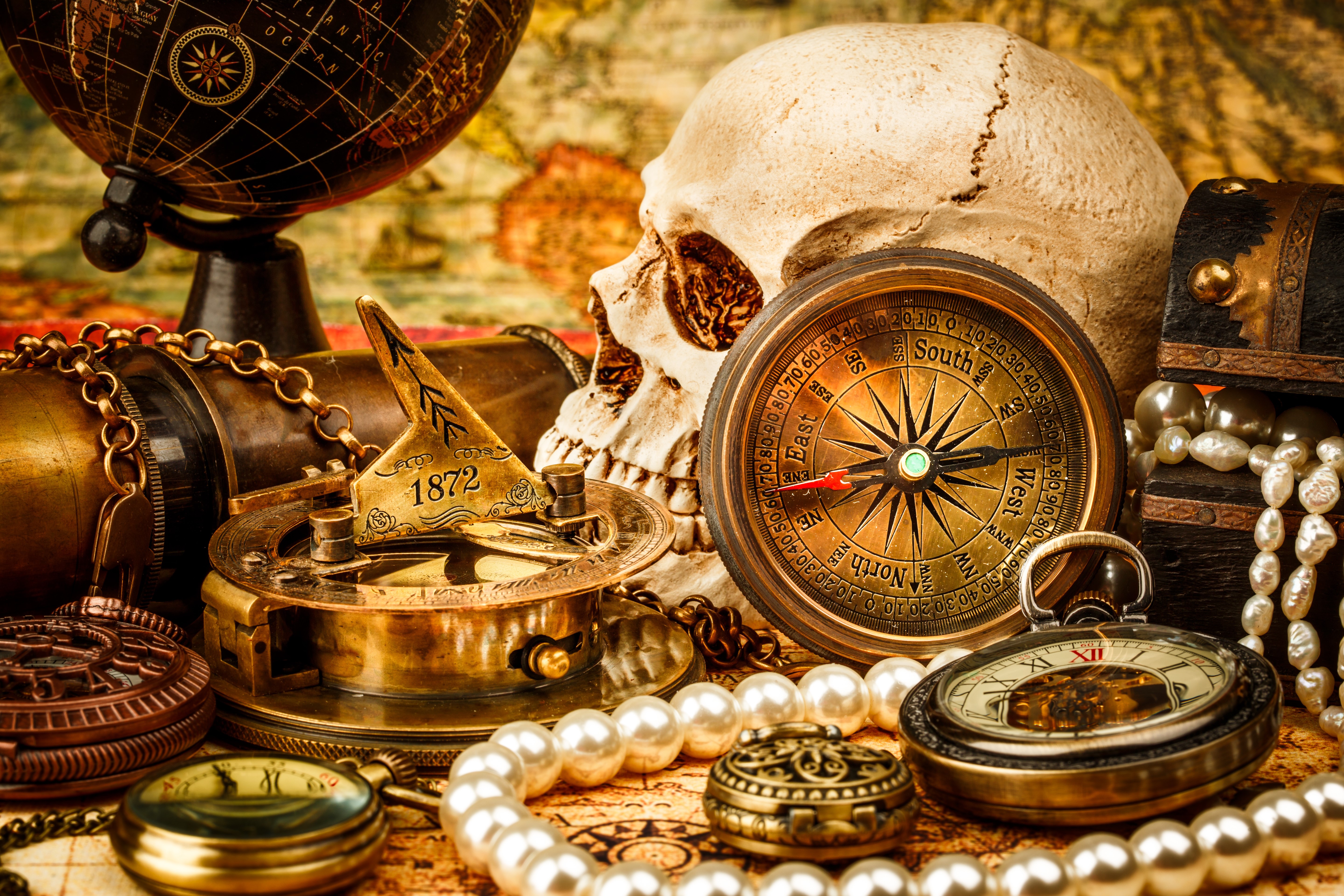 Still life with skull, compass, and antique navigational tools HD Wallpaper