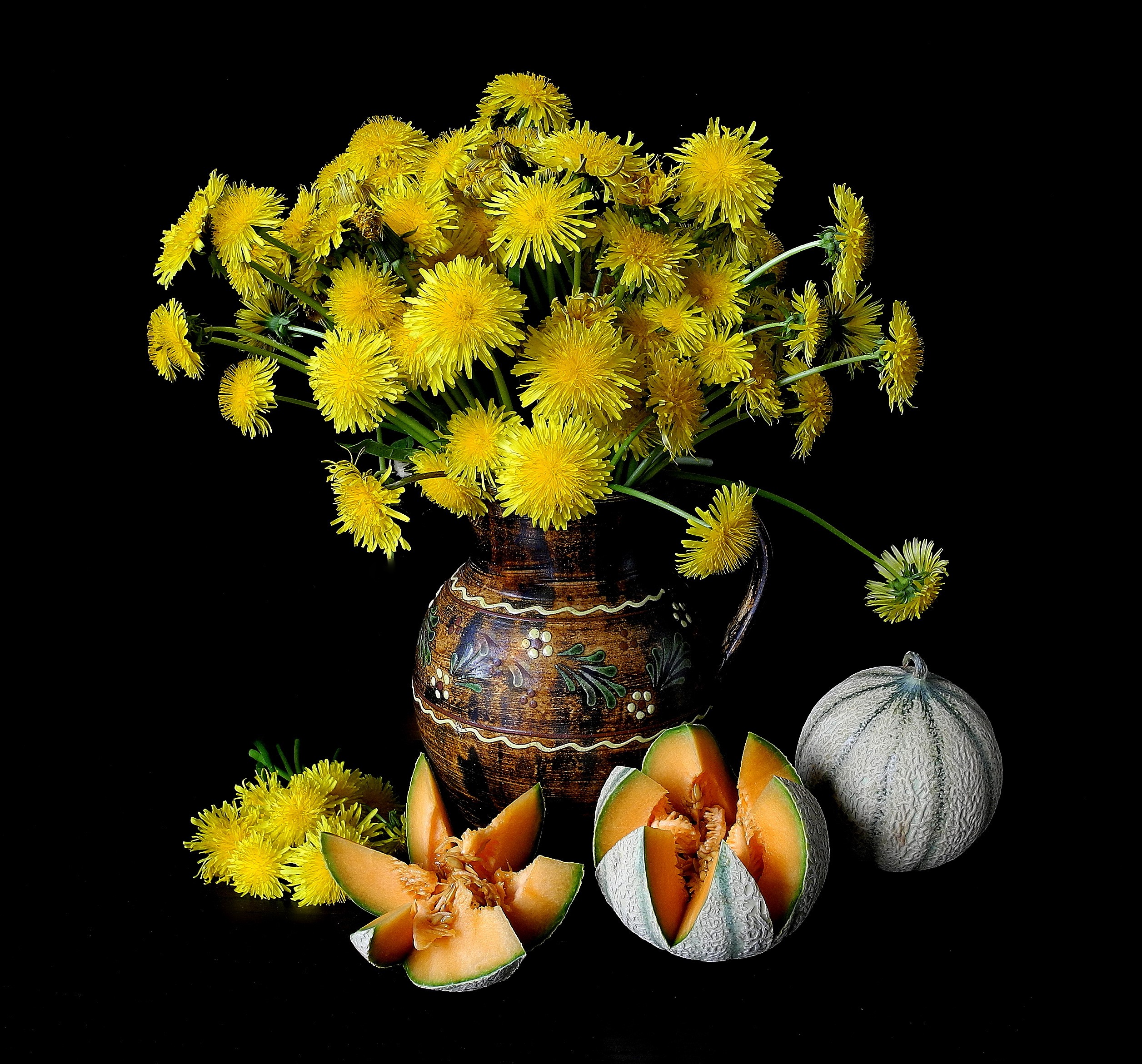 Still life with dandelions and melons HD Wallpaper