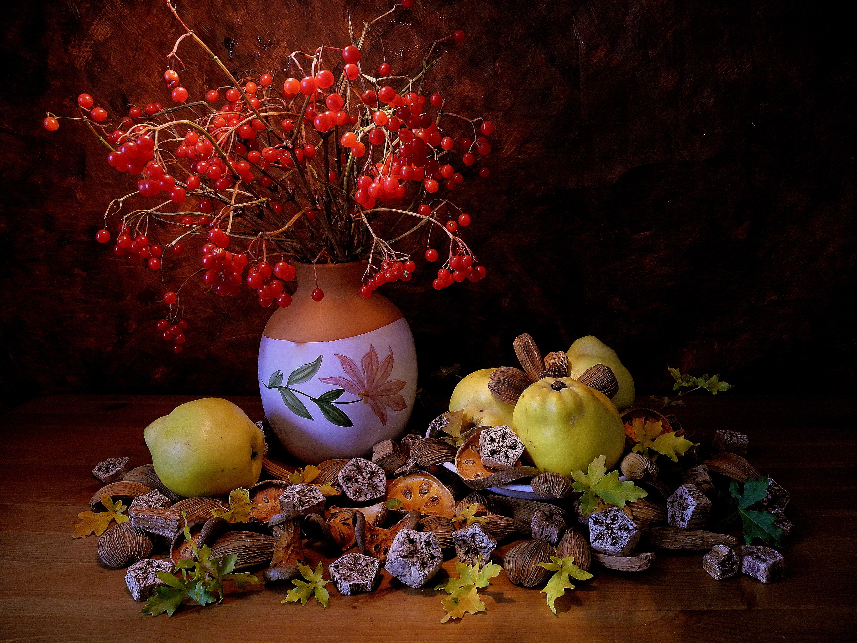 Still life with berries, quinces, nuts, and dried fruit HD Wallpaper