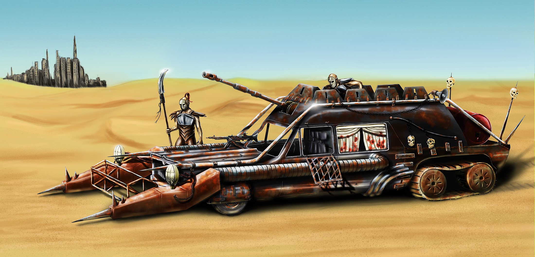 Post-apocalyptic desert vehicle with figures and distant city HD Wallpaper