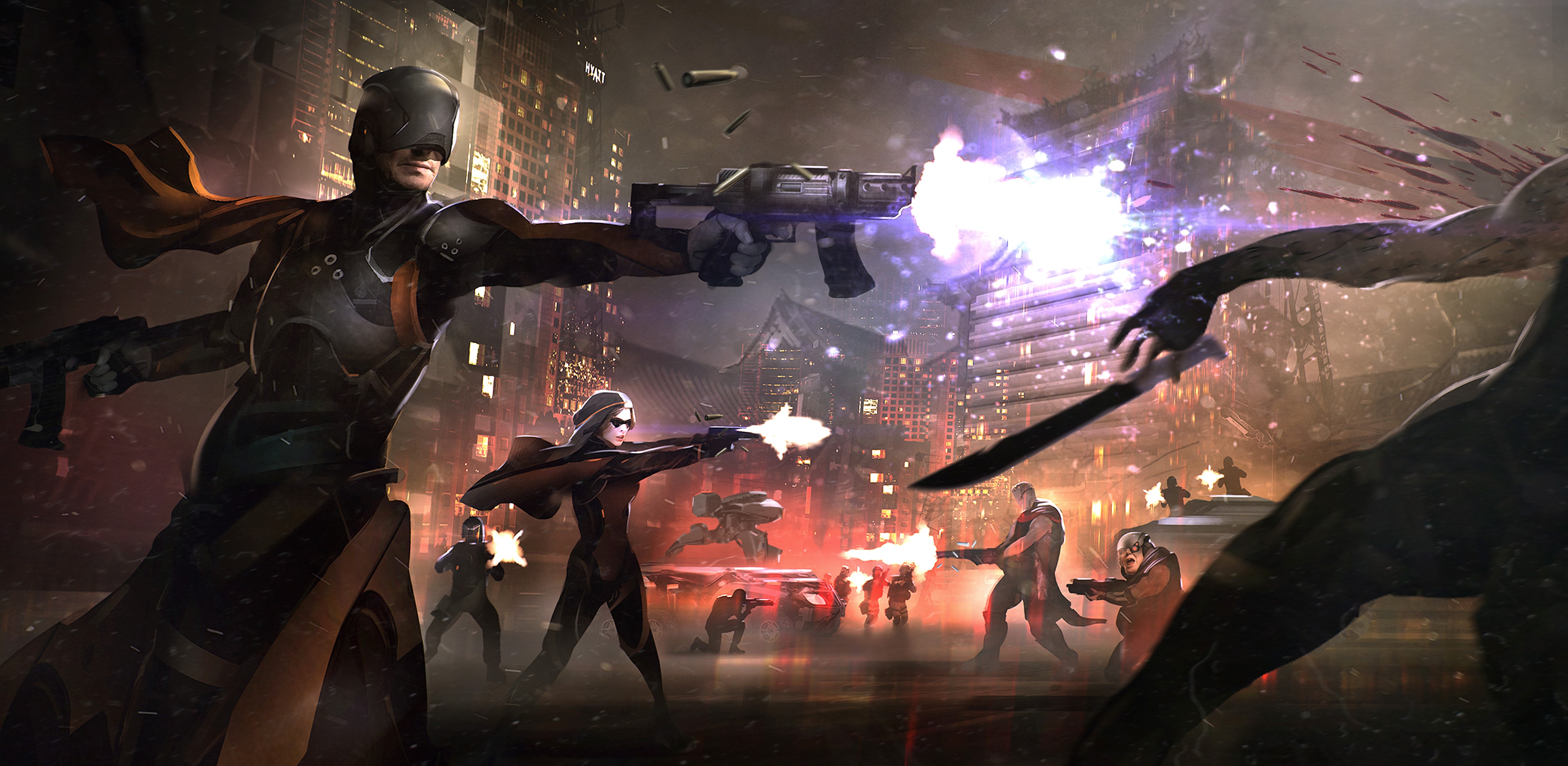 Cyberpunk battle with assault rifles HD Wallpaper
