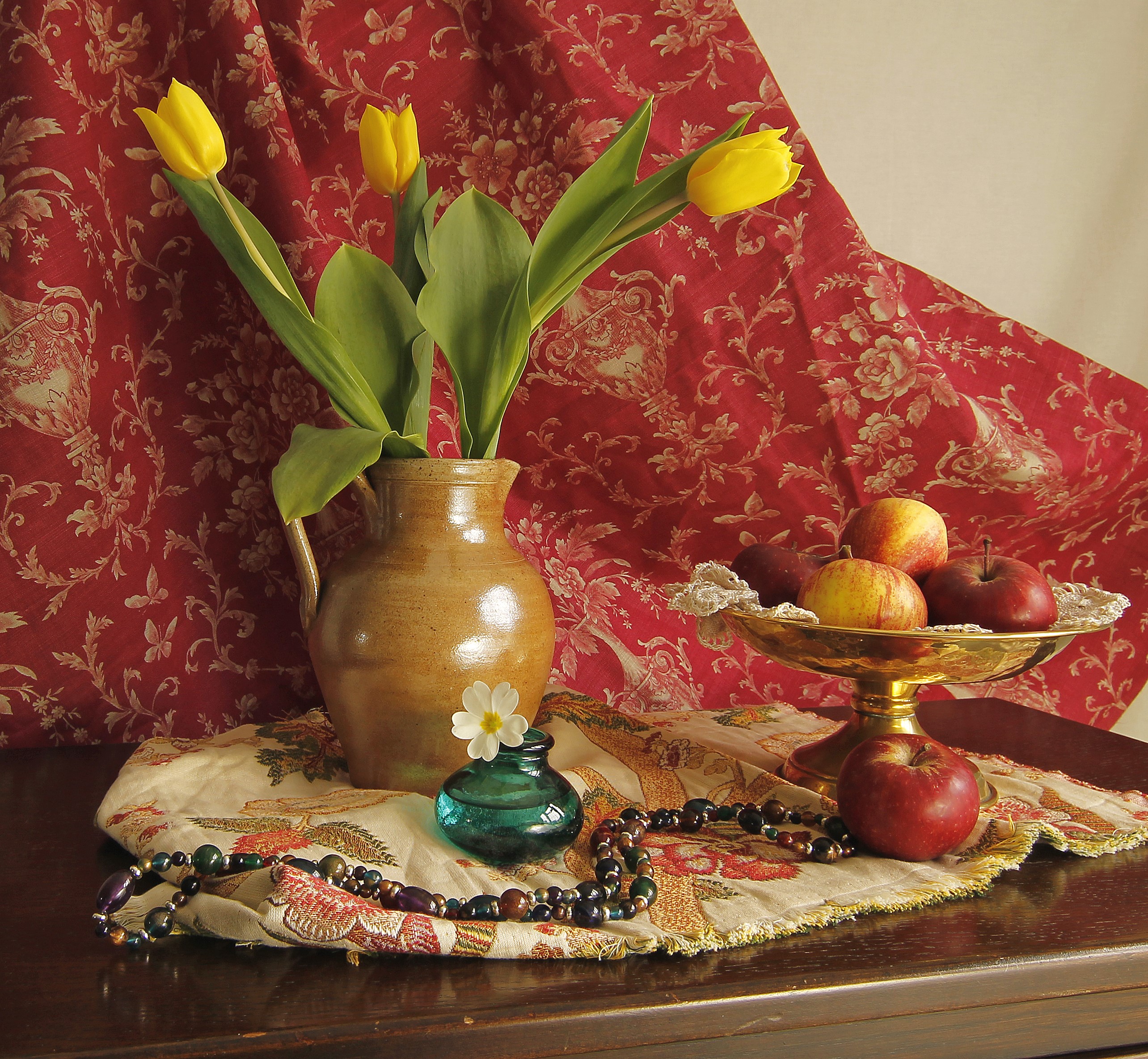 Still-life with yellow tulips and apples HD Wallpaper