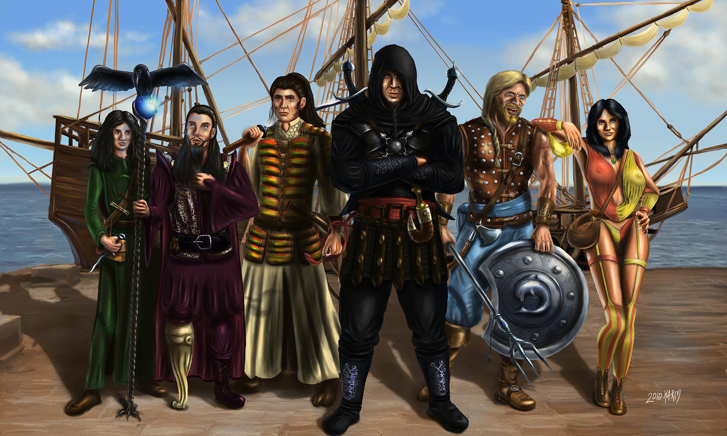 Group of warriors and a raven in front of a ship HD Wallpaper
