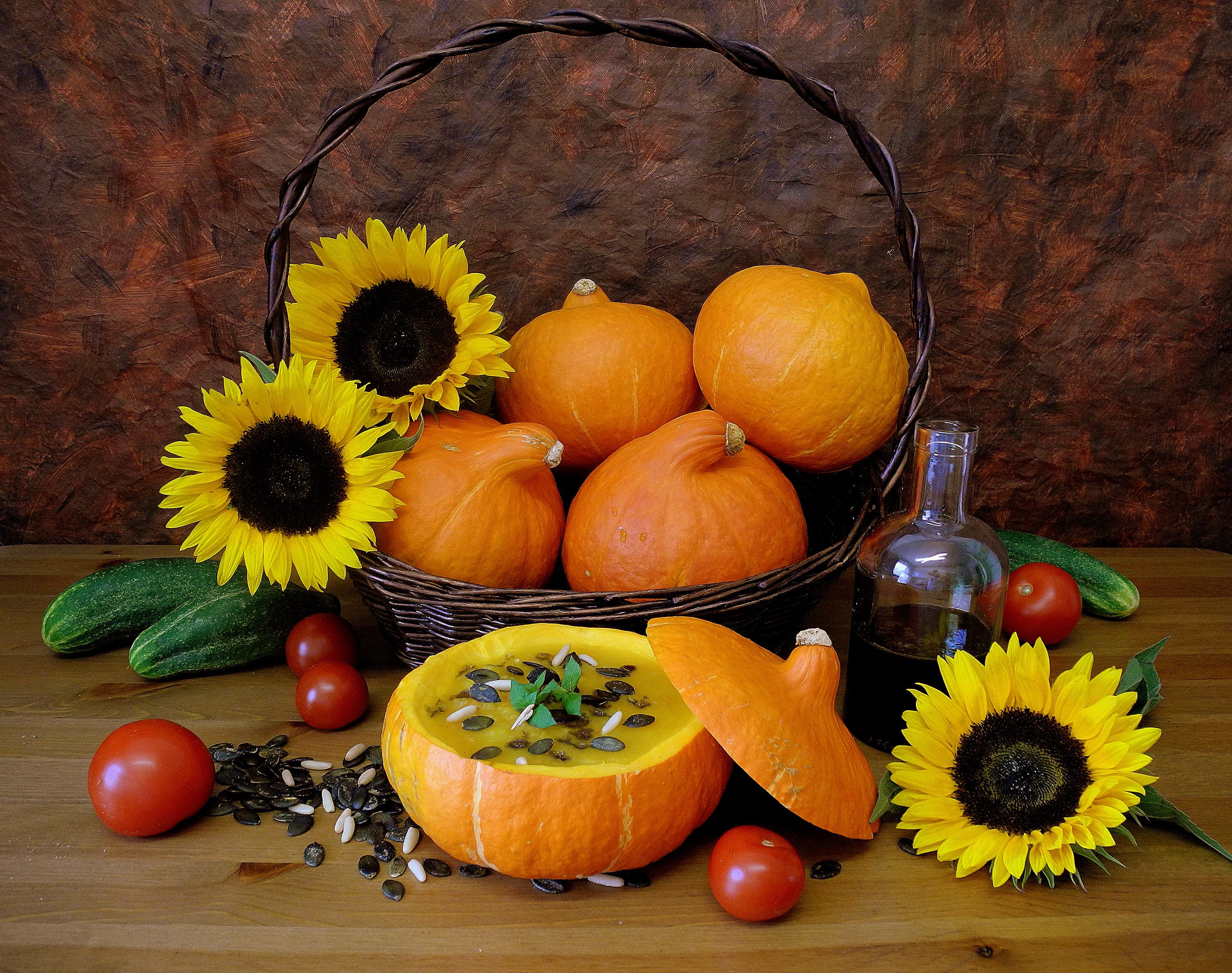 Still life with pumpkins, sunflowers, and soup HD Wallpaper